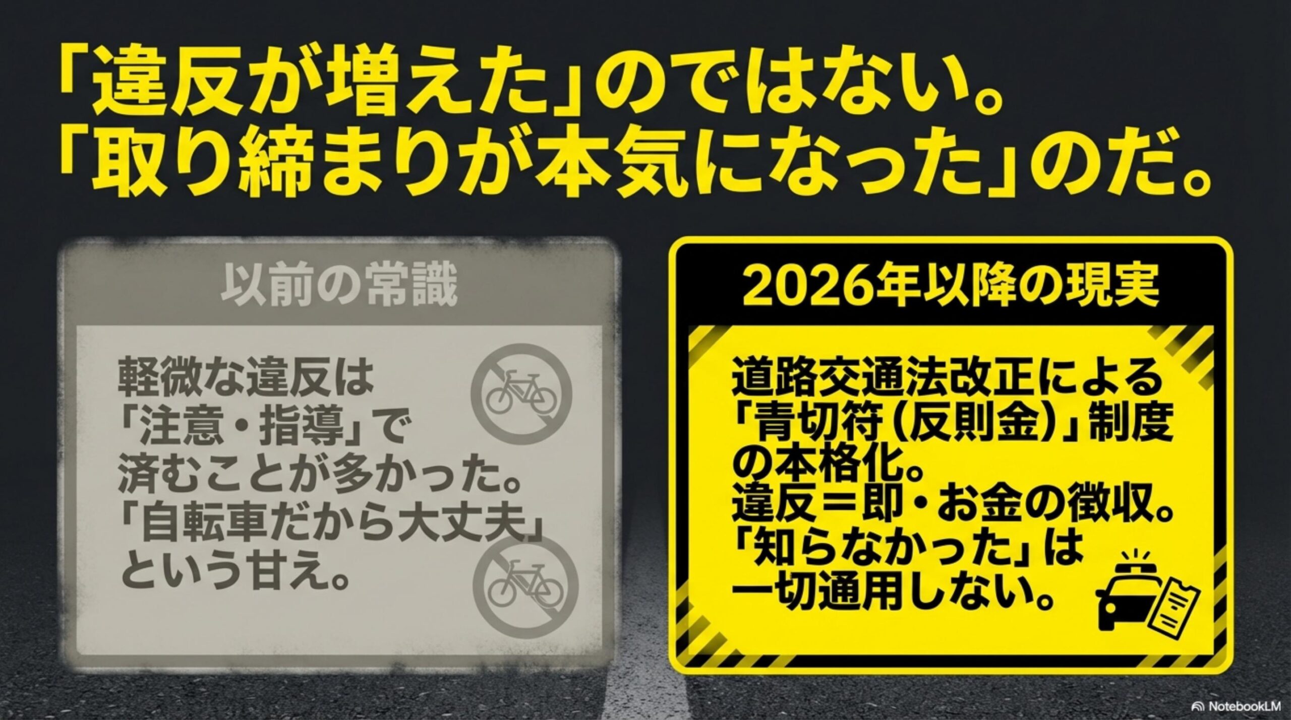 以前の常識：軽微な違反は注意・指導で済むことが多かった。自転車だから大丈夫という甘え。2026年以降の現実：道路交通法改正による青切符（反則金）制度の本格化。違反＝即・お金の徴収。知らなかったは一切通用しない。