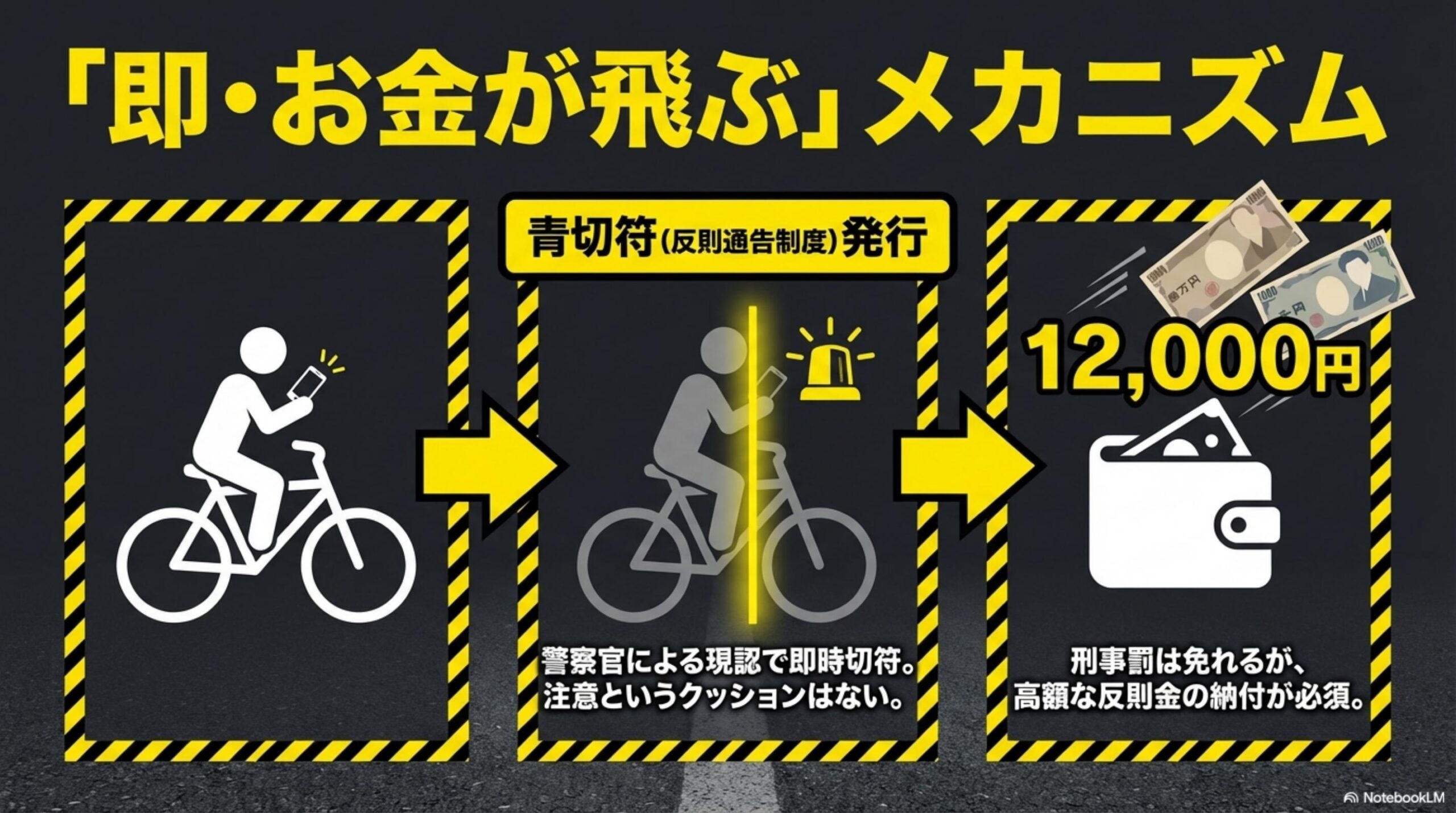 即・お金が飛ぶメカニズム。スマホ運転→警察官による現認で即時切符（注意というクッションはない）→青切符（反則通告制度）発行→12,000円（刑事罰は免れるが高額な反則金の納付が必須）