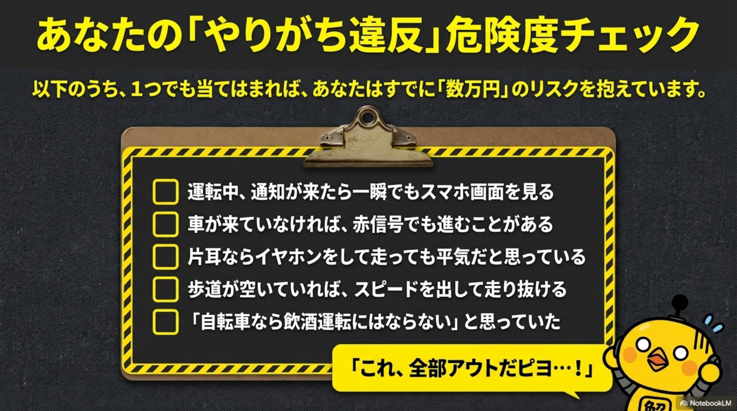 あなたのやりがち違反危険度チェック。1つでも当てはまれば数万円のリスク。チェック項目：運転中通知が来たら一瞬でもスマホ画面を見る・車が来ていなければ赤信号でも進むことがある・片耳ならイヤホンをして走っても平気だと思っている・歩道が空いていればスピードを出して走り抜ける・自転車なら飲酒運転にはならないと思っていた。これ全部アウトだピヨ！