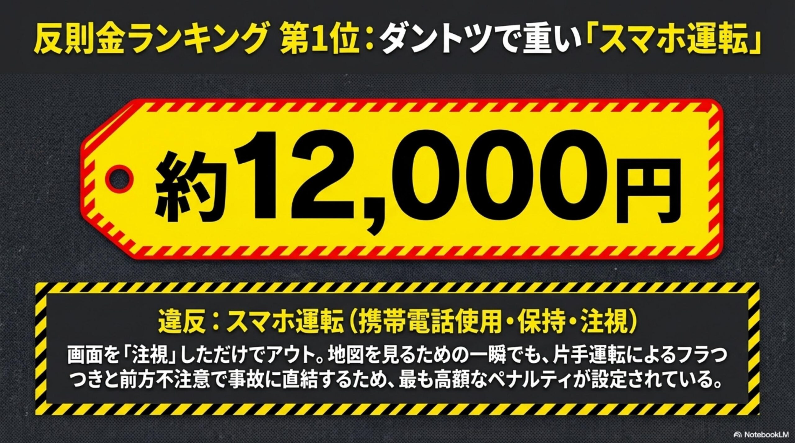 反則金ランキング第1位：ダントツで重いスマホ運転。約12,000円。違反：スマホ運転（携帯電話使用・保持・注視）。画面を注視しただけでアウト。地図を見るための一瞬でも、片手運転によるフラつきと前方不注意で事故に直結するため最も高額なペナルティが設定されている