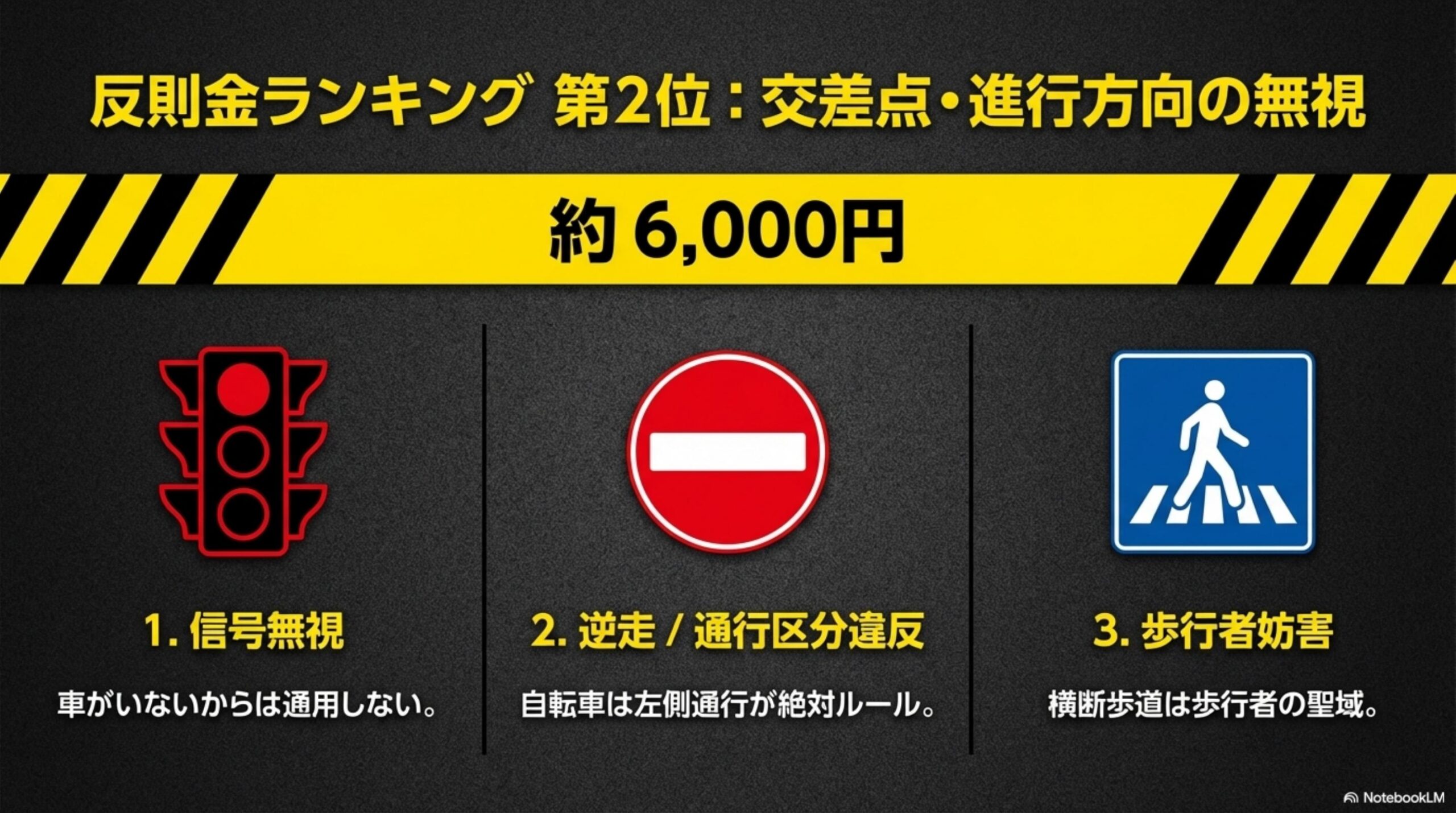 反則金ランキング第2位：交差点・進行方向の無視。約6,000円。1.信号無視（車がいないからは通用しない）・2.逆走/通行区分違反（自転車は左側通行が絶対ルール）・3.歩行者妨害（横断歩道は歩行者の聖域）