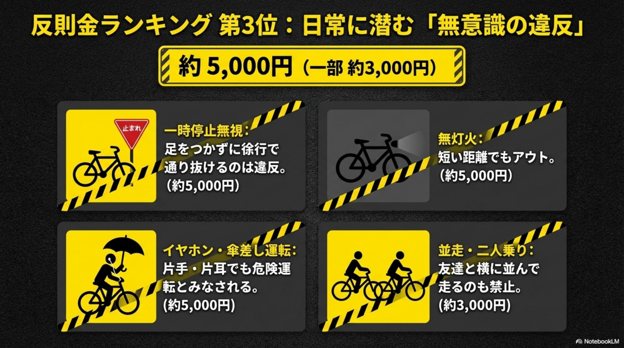 反則金ランキング第3位：日常に潜む無意識の違反。約5,000円（一部約3,000円）。一時停止無視：足をつかずに徐行で通り抜けるのは違反（約5,000円）・無灯火：短い距離でもアウト（約5,000円）・イヤホン・傘差し運転：片手・片耳でも危険運転とみなされる（約5,000円）・並走・二人乗り：友達と横に並んで走るのも禁止（約3,000円）