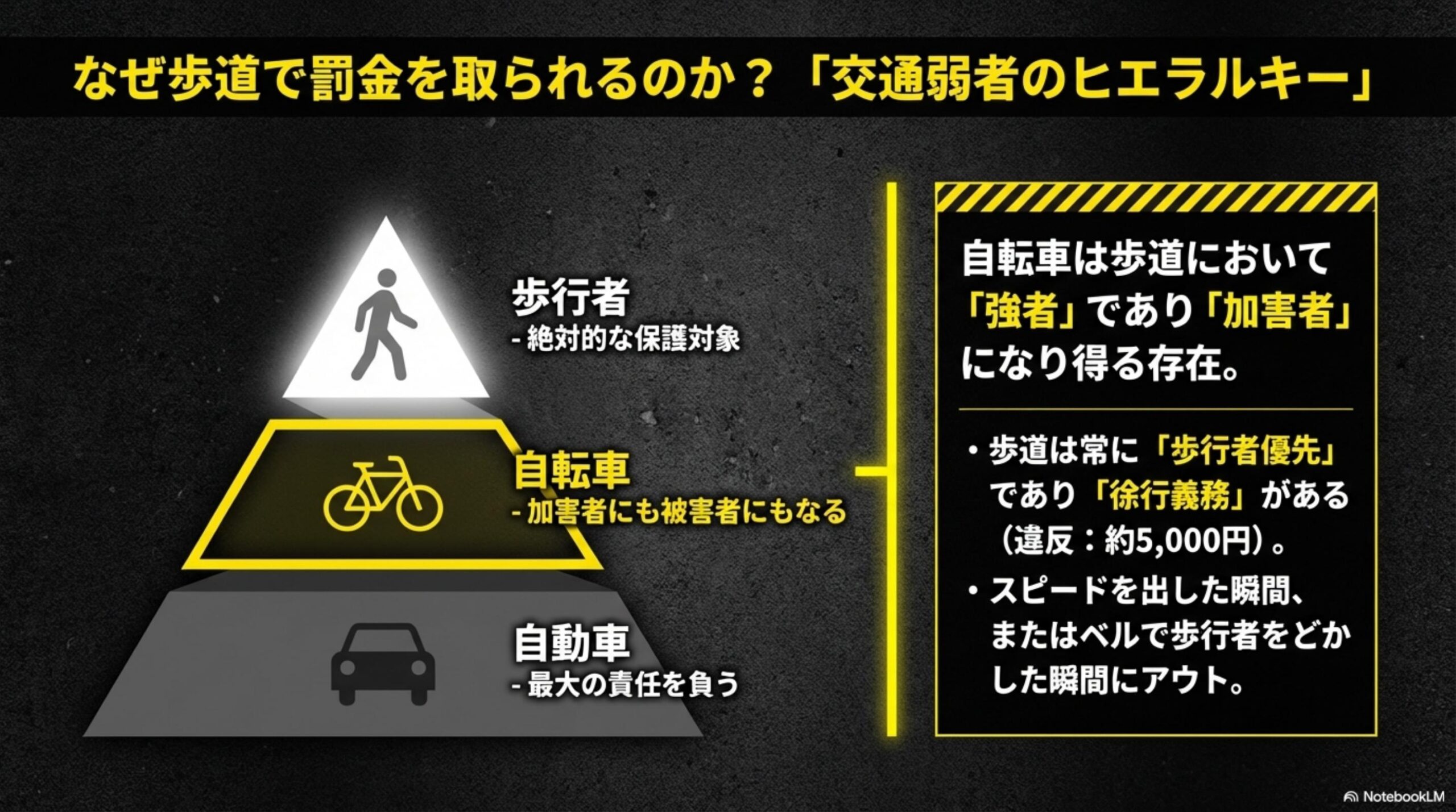 なぜ歩道で罰金を取られるのか？交通弱者のヒエラルキー。歩行者（絶対的な保護対象）＞自転車（加害者にも被害者にもなる）＞自動車（最大の責任を負う）。自転車は歩道において強者であり加害者になり得る存在。歩道は常に歩行者優先であり徐行義務がある（違反：約5,000円）。スピードを出した瞬間またはベルで歩行者をどかした瞬間にアウト。