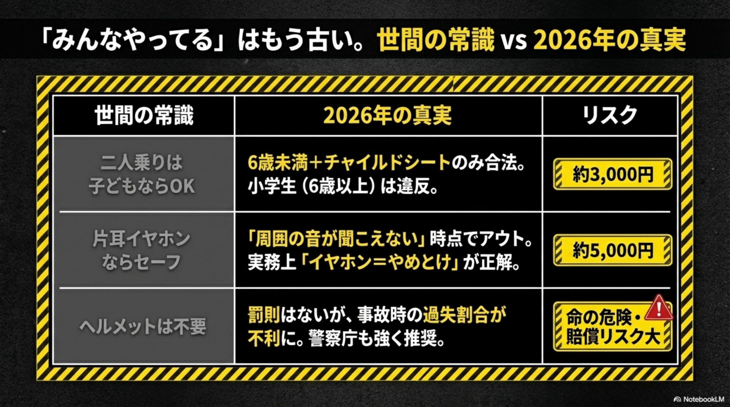 みんなやってるはもう古い。世間の常識vs2026年の真実。二人乗りは子どもならOK→6歳未満+チャイルドシートのみ合法。小学生（6歳以上）は違反（約3,000円）。片耳イヤホンならセーフ→周囲の音が聞こえない時点でアウト。実務上イヤホン＝やめとけが正解（約5,000円）。ヘルメットは不要→罰則はないが事故時の過失割合が不利に。警察庁も強く推奨（命の危険・賠償リスク大）