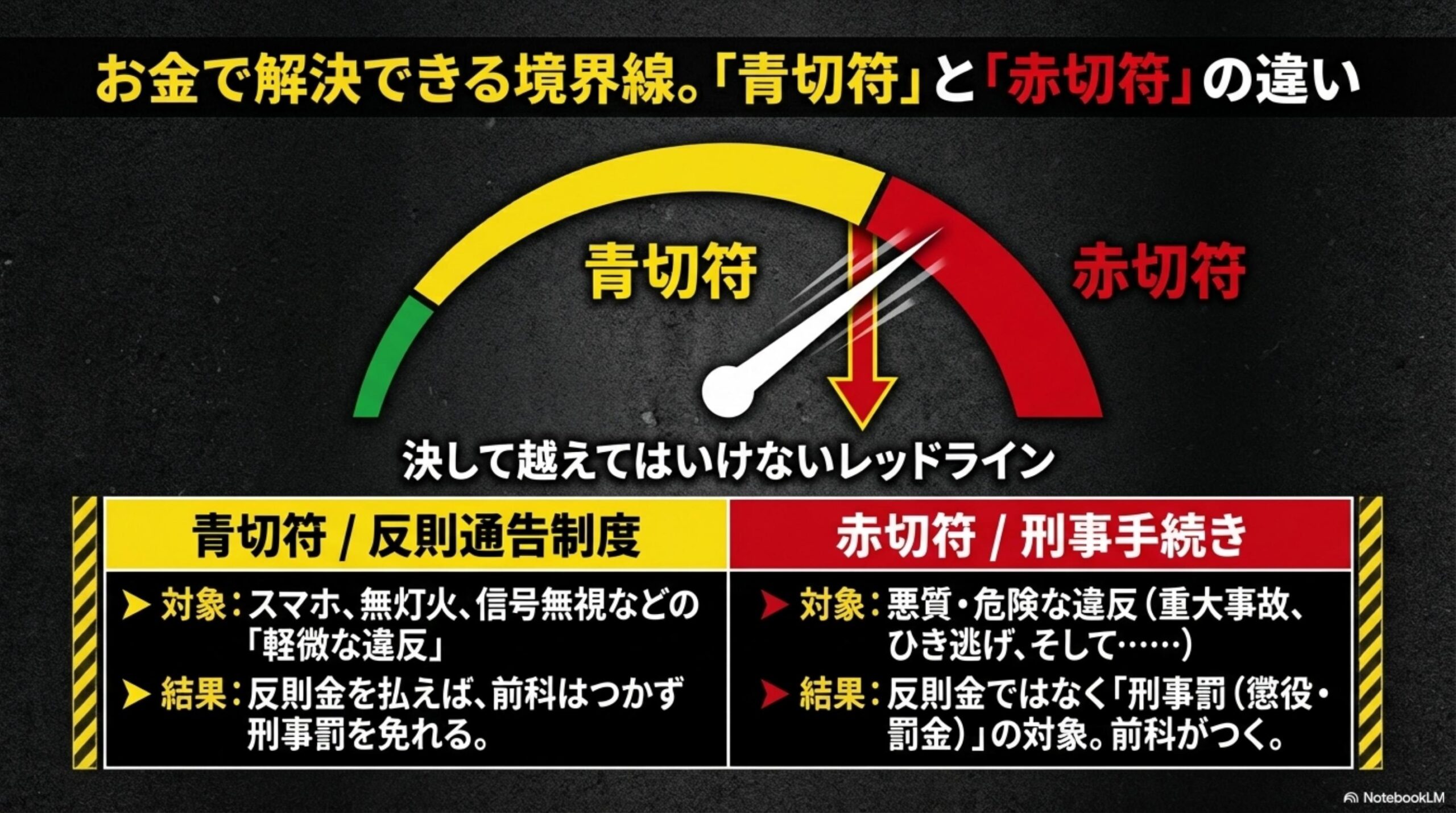 お金で解決できる境界線。青切符と赤切符の違い。青切符/反則通告制度：対象：スマホ・無灯火・信号無視などの軽微な違反。結果：反則金を払えば前科はつかず刑事罰を免れる。赤切符/刑事手続き：対象：悪質・危険な違反（重大事故・ひき逃げ・飲酒運転など）。結果：反則金ではなく刑事罰（懲役・罰金）の対象。前科がつく。決して越えてはいけないレッドライン。