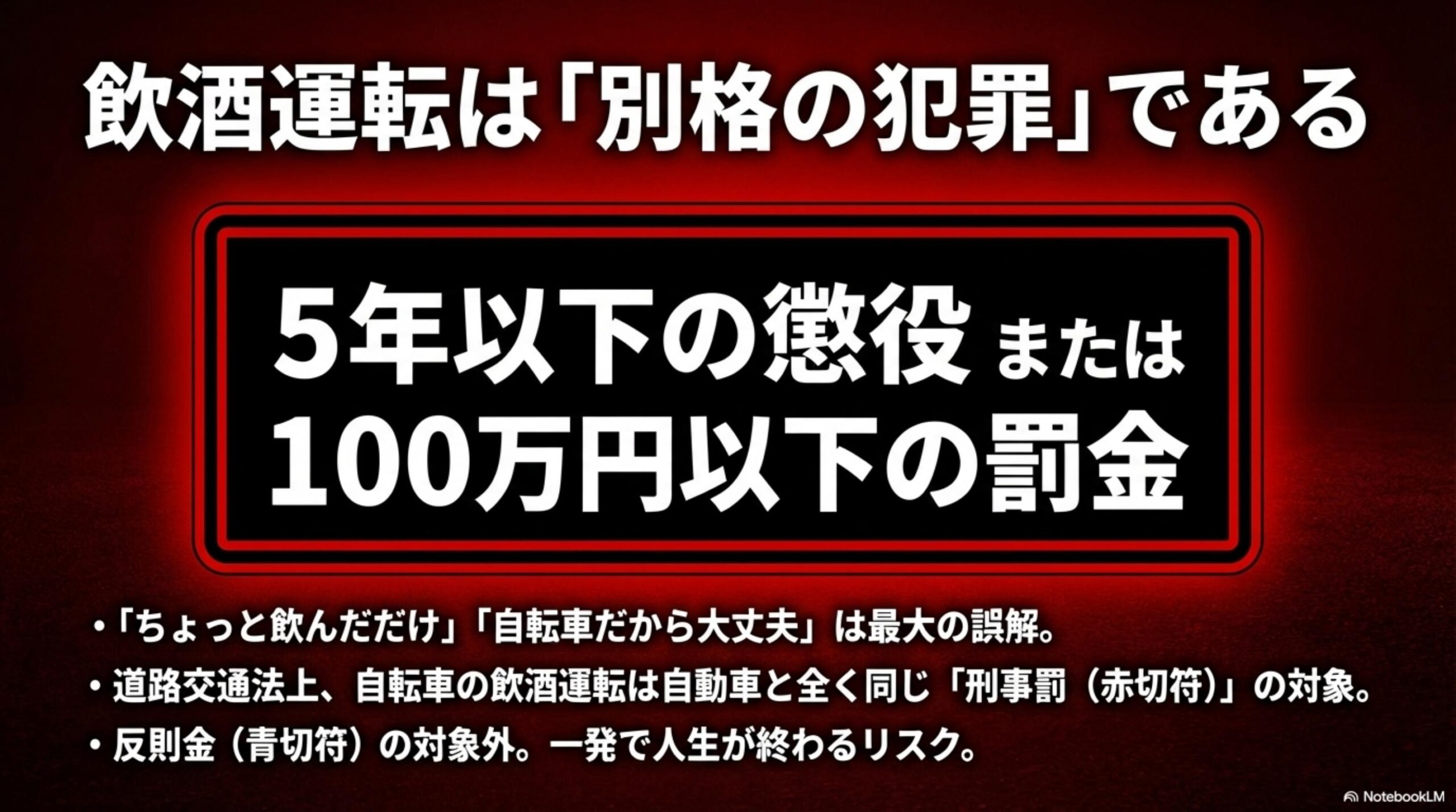 飲酒運転は別格の犯罪である。5年以下の懲役または100万円以下の罰金。ちょっと飲んだだけ・自転車だから大丈夫は最大の誤解。道路交通法上、自転車の飲酒運転は自動車と全く同じ刑事罰（赤切符）の対象。反則金（青切符）の対象外。一発で人生が終わるリスク。