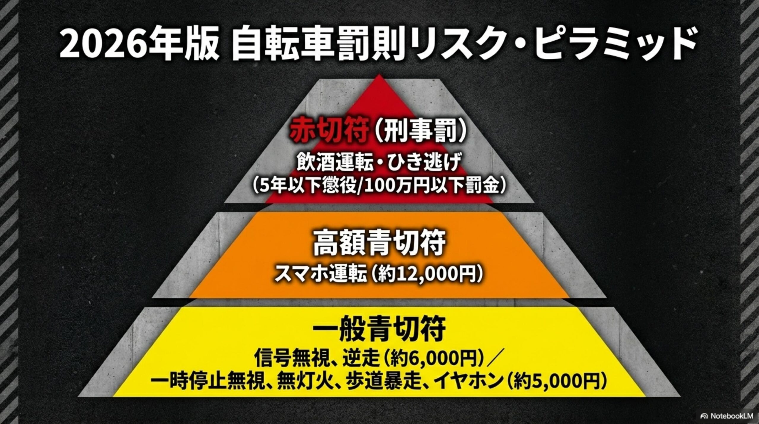 2026年版 自転車罰則リスク・ピラミッド。頂点（赤）：赤切符（刑事罰）——飲酒運転・ひき逃げ（5年以下懲役・100万円以下罰金）。中間（オレンジ）：高額青切符——スマホ運転（約12,000円）。底辺（黄）：一般青切符——信号無視・逆走（約6,000円）・一時停止無視・無灯火・歩道暴走・イヤホン（約5,000円）
