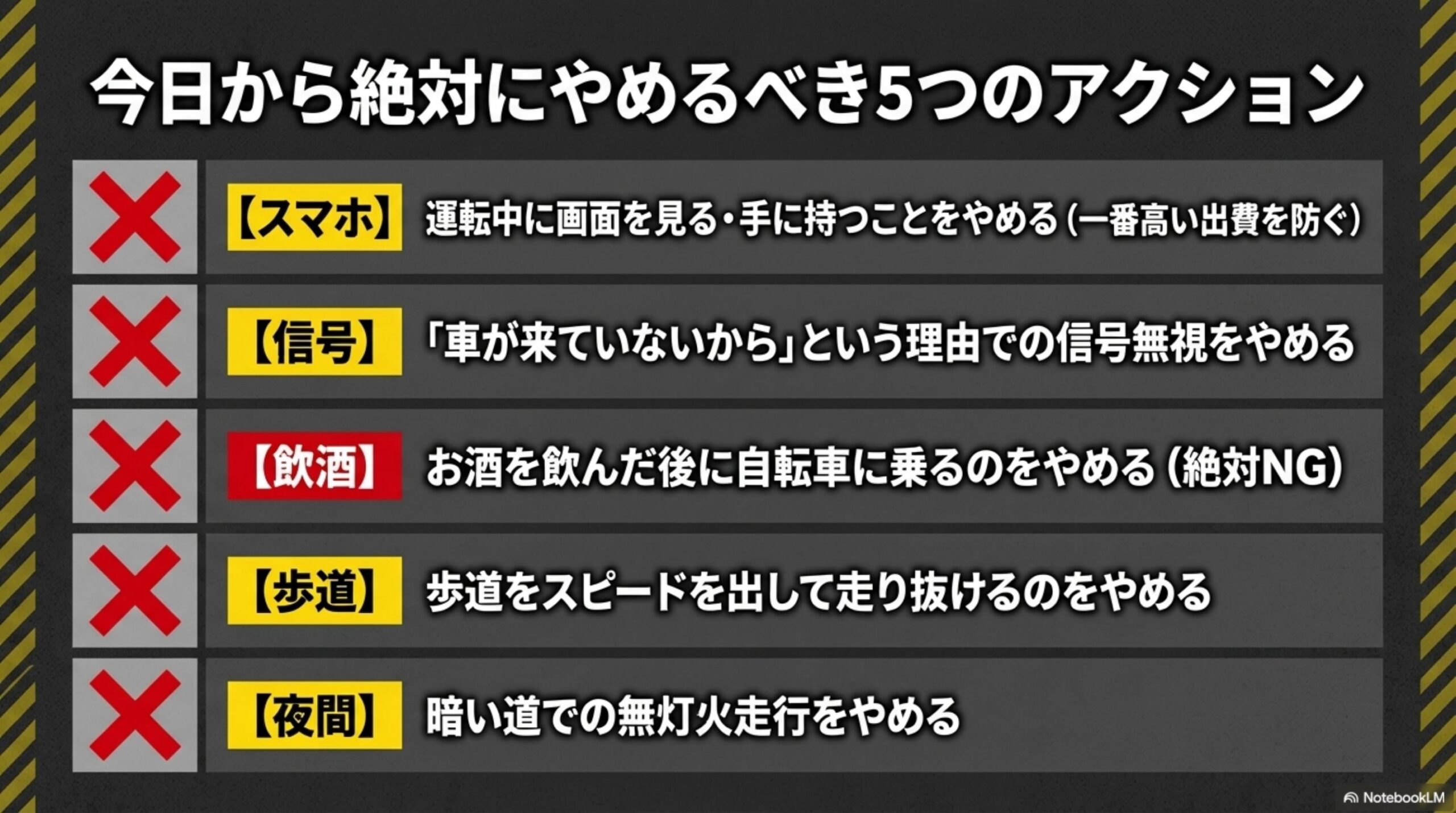今日から絶対にやめるべき5つのアクション。【スマホ】運転中に画面を見る・手に持つことをやめる（一番高い出費を防ぐ）。【信号】車が来ていないからという理由での信号無視をやめる。【飲酒】お酒を飲んだ後に自転車に乗るのをやめる（絶対NG）。【歩道】歩道をスピードを出して走り抜けるのをやめる。【夜間】暗い道での無灯火走行をやめる。