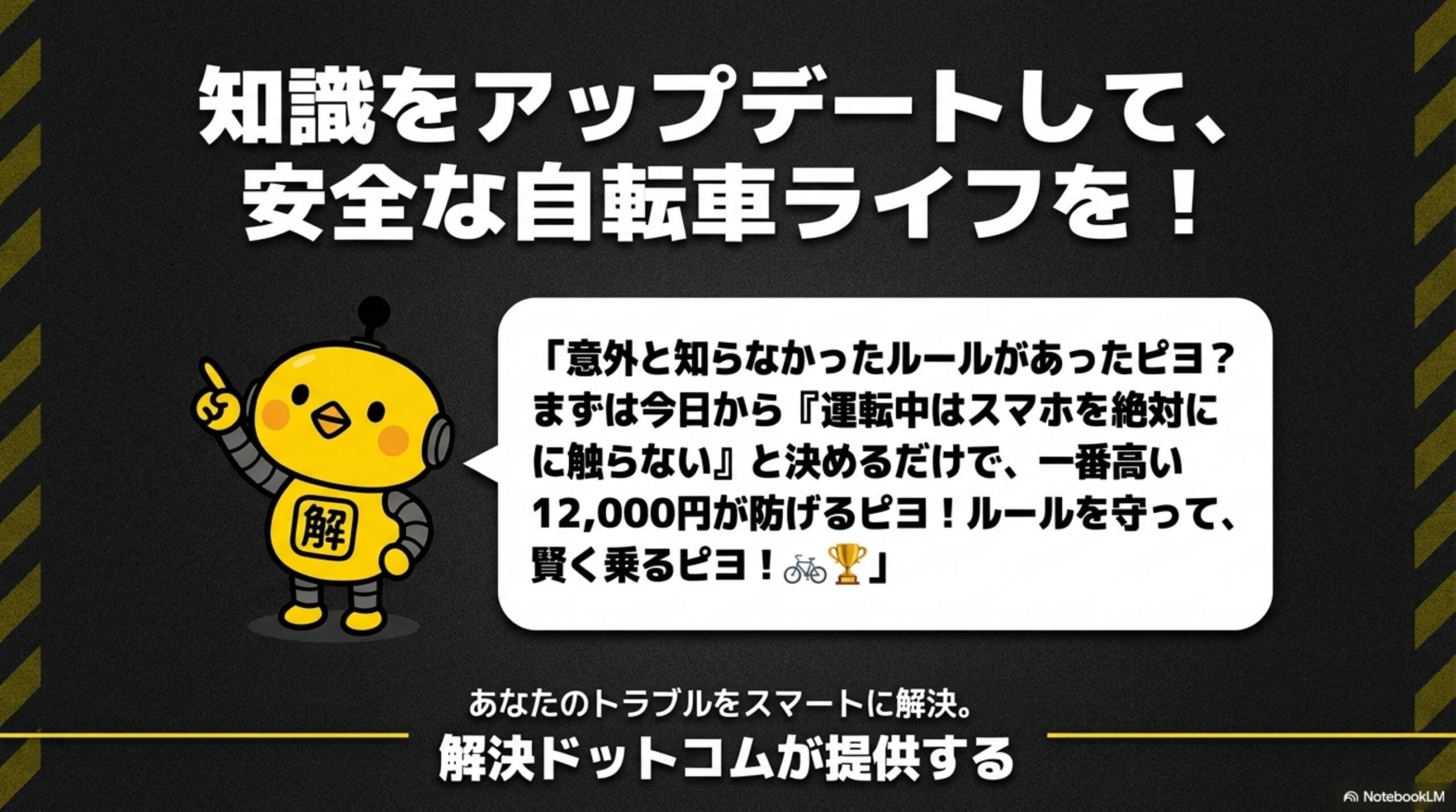 知識をアップデートして、安全な自転車ライフを！カイピヨくん「意外と知らなかったルールがあったピヨ？まずは今日から運転中はスマホを絶対に触らないと決めるだけで一番高い12,000円が防げるピヨ！ルールを守って賢く乗るピヨ！」解決ドットコムが提供する