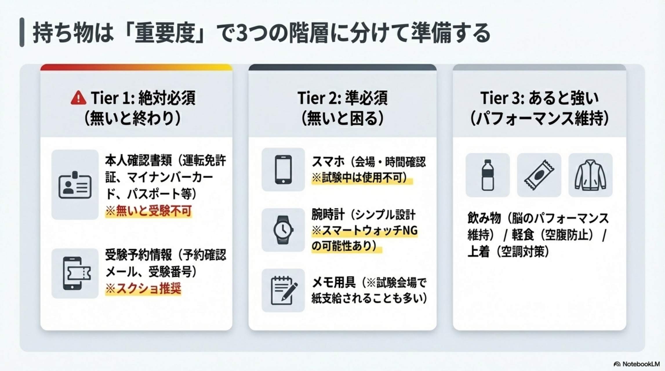 第1章 絶対必須：本人確認書類（運転免許証・マイナンバーカード・パスポート）・受験予約情報（確認メール・受験番号）
