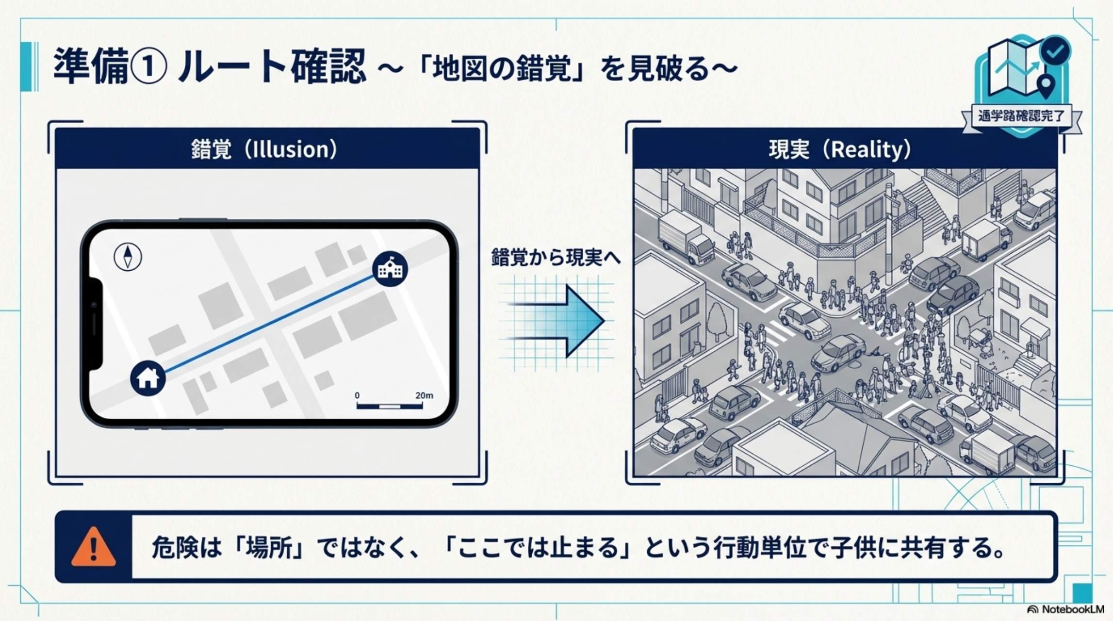 準備① ルート確認 〜「地図の錯覚」を見破る〜 錯覚（Illusion）から現実（Reality）へ