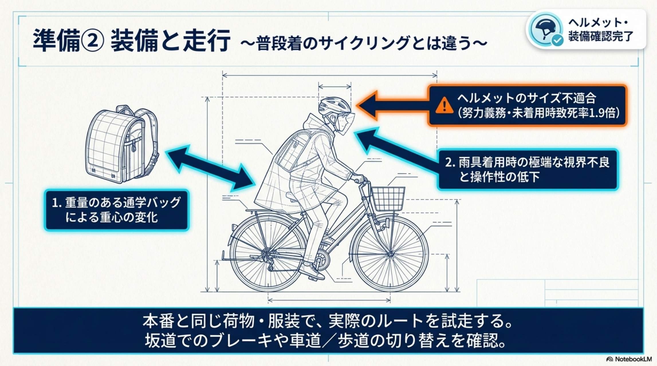 準備② 装備と走行 〜普段着のサイクリングとは違う〜 ヘルメットサイズ不適合・重量ある通学バッグ・雨具着用時の視界不良
