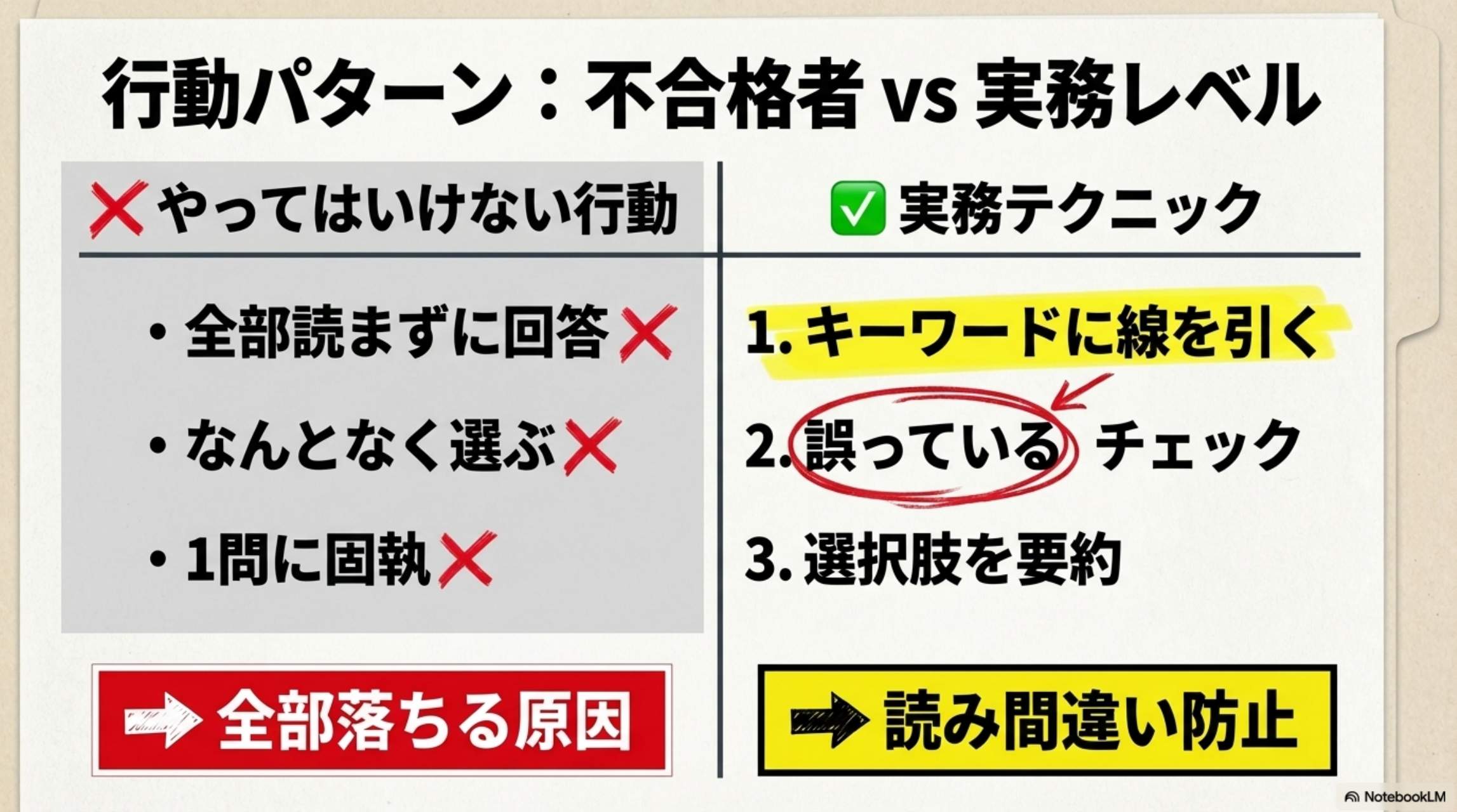 行動パターン：不合格者vs実務レベル