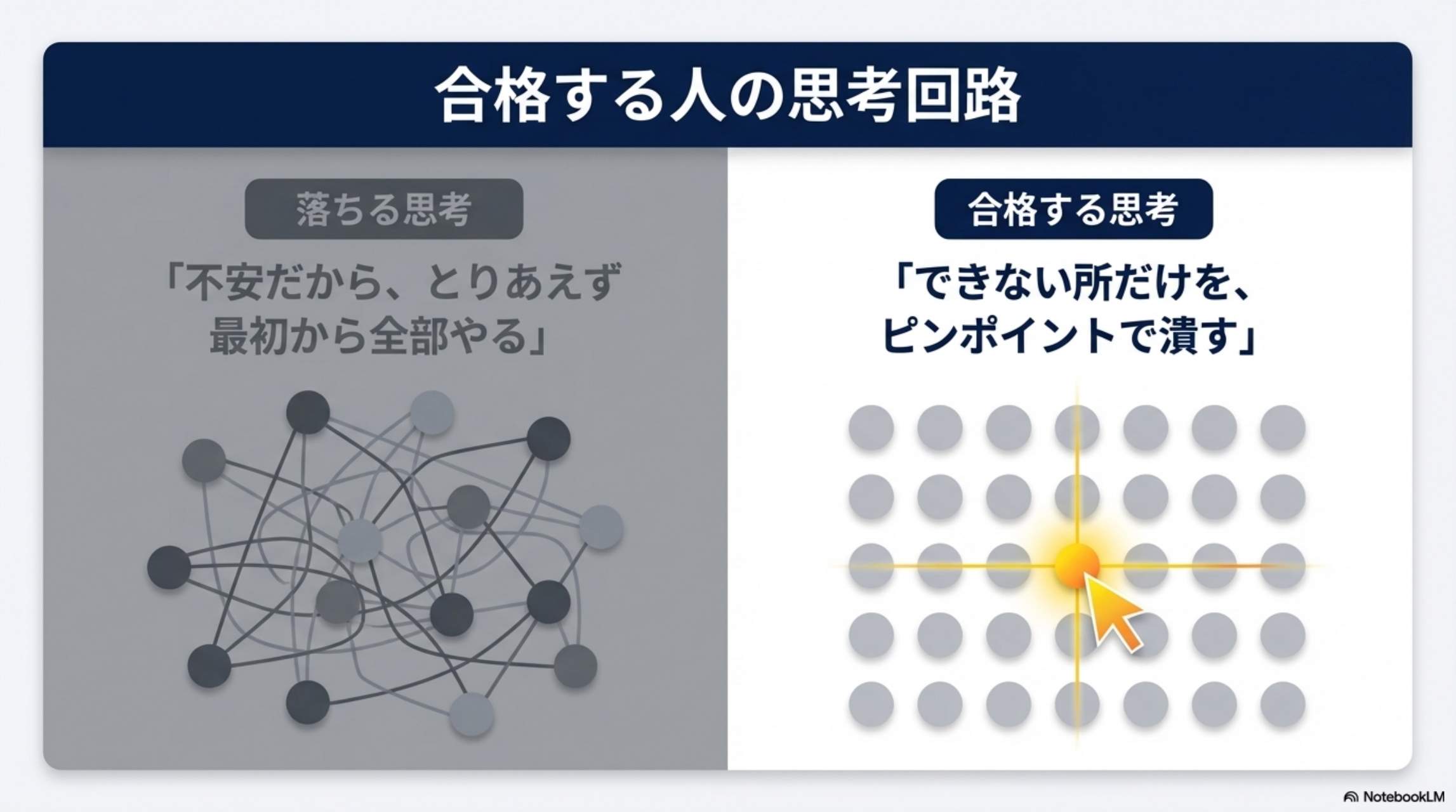 合格する思考：できない所だけをピンポイントで潰す vs 落ちる思考：全部やる