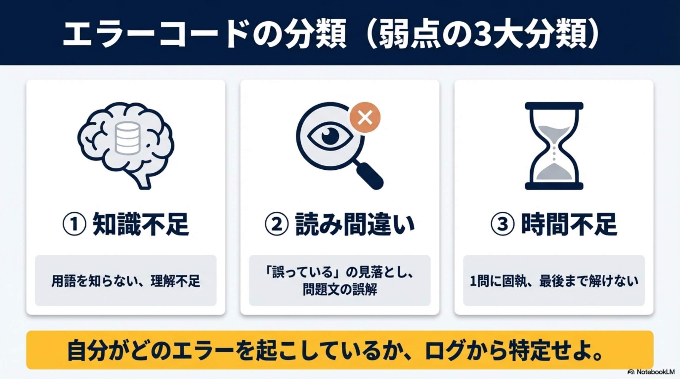 弱点の3大分類：①知識不足 ②読み間違い ③時間不足