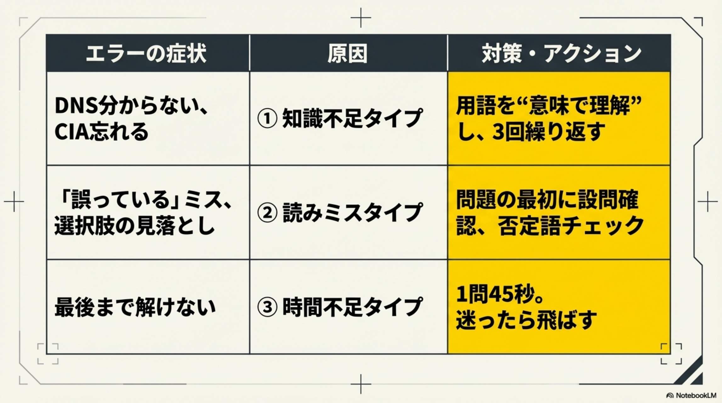 エラーの症状・原因・対策アクション表：知識不足/読みミス/時間不足