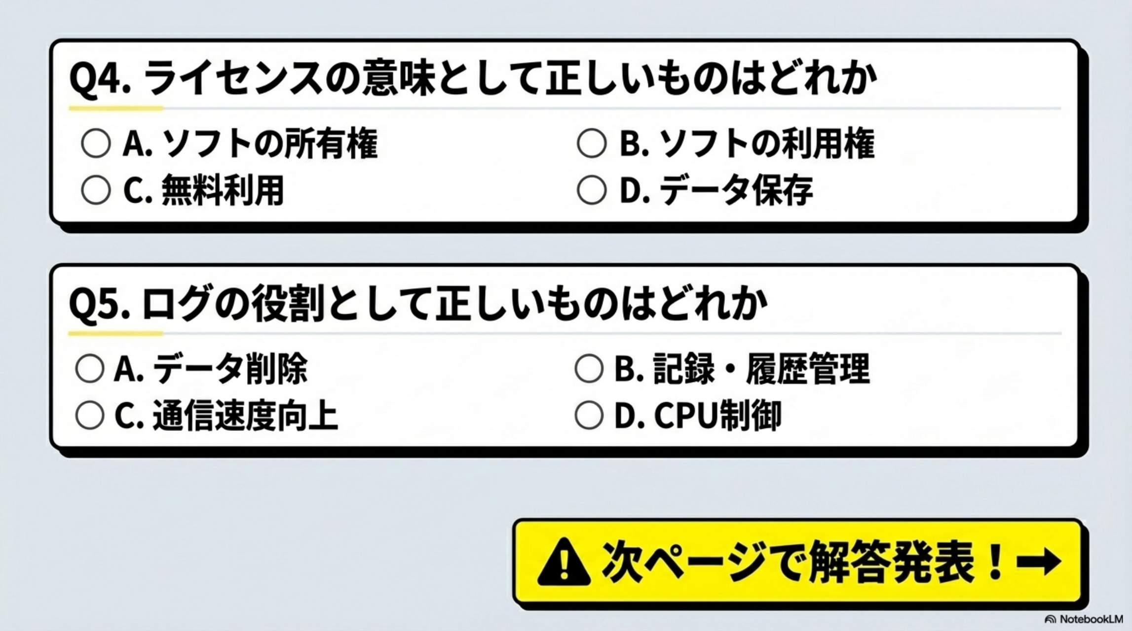 確認テスト Q4:ライセンスの意味 Q5:ログの役割 → 次ページで解答発表！