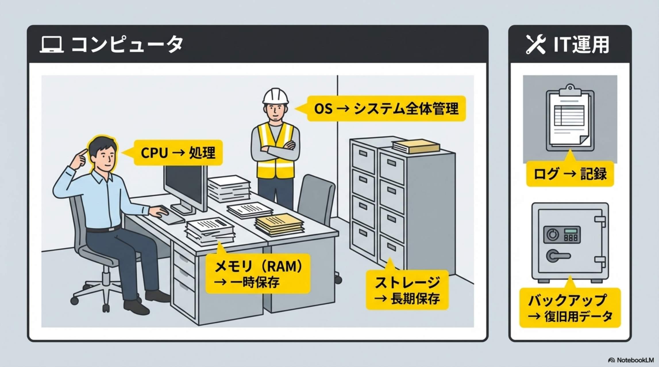 コンピュータ：CPU→処理、メモリ(RAM)→一時保存、ストレージ→長期保存、OS→システム全体管理 / IT運用：ログ→記録、バックアップ→復旧用データ