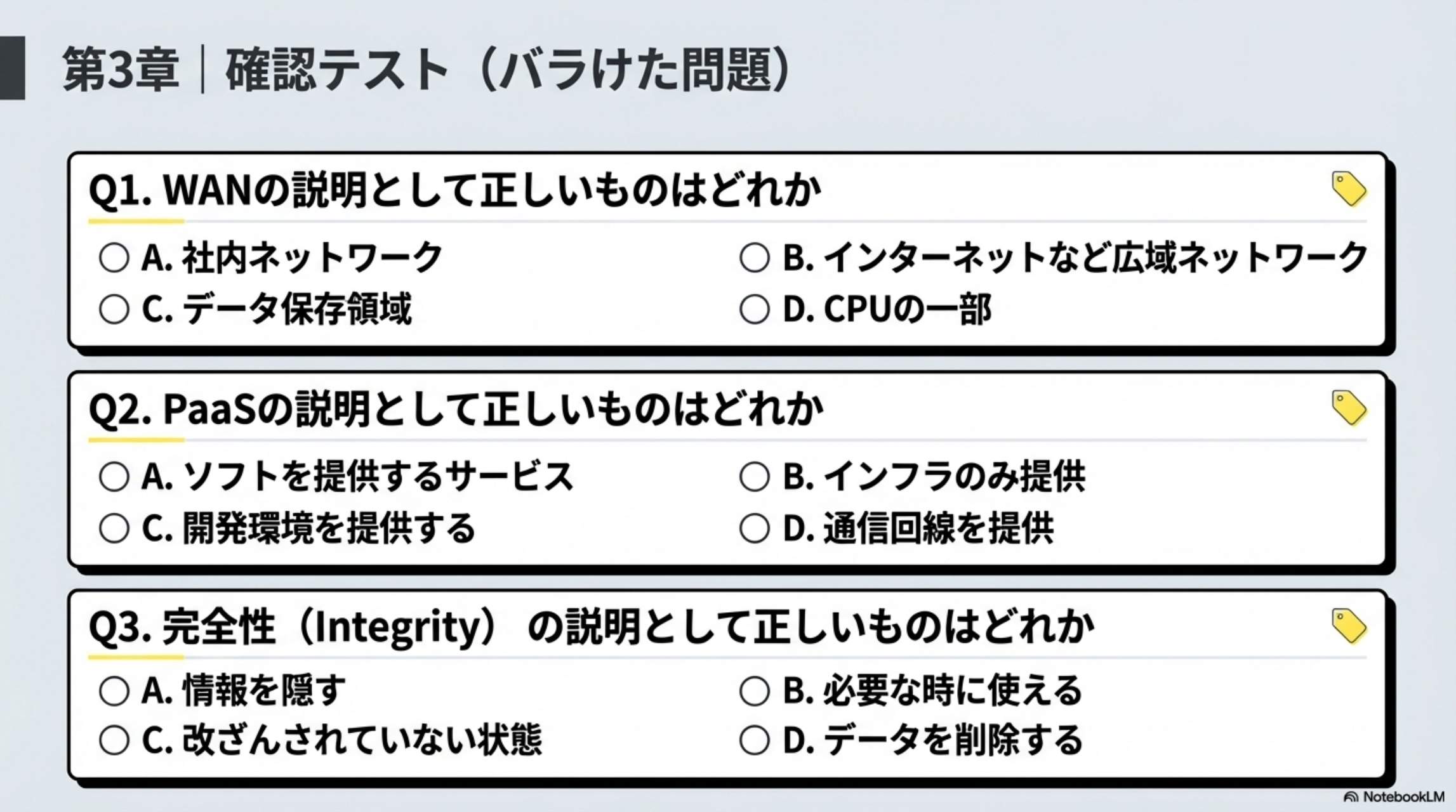 第3章 確認テスト Q1:WANの説明 Q2:PaaSの説明 Q3:完全性(Integrity)の説明