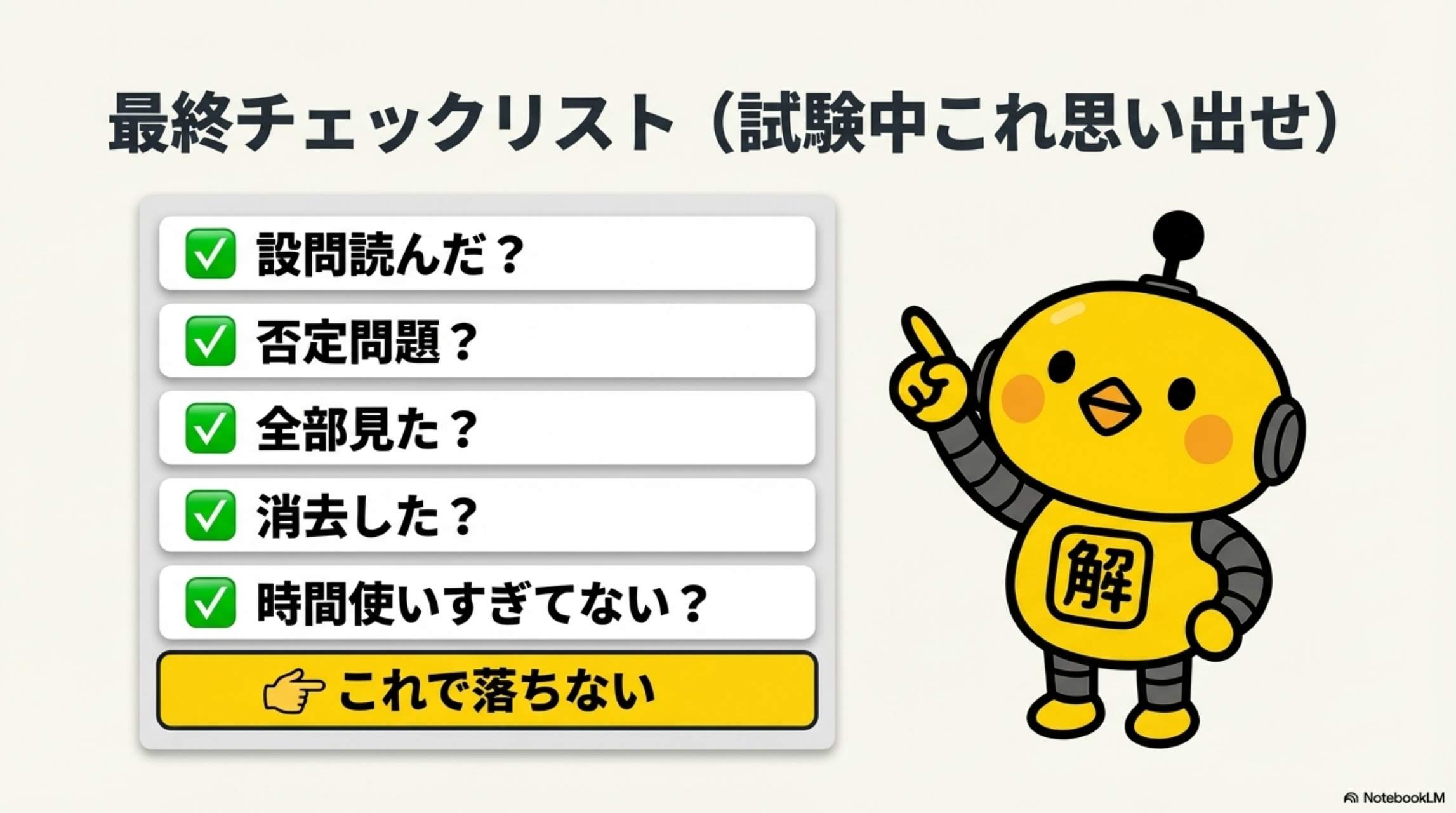 最終チェックリスト（試験中これ思い出せ）：設問読んだ？否定問題？全部見た？消去した？時間使いすぎてない？→ これで落ちない