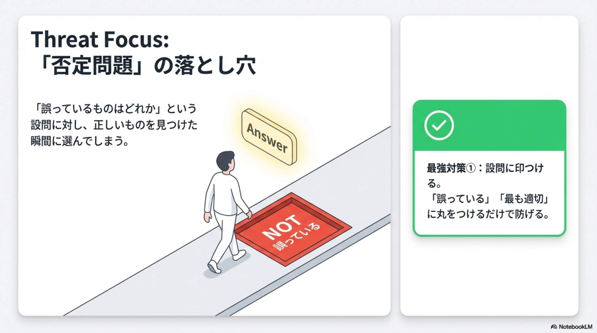 Threat Focus: 「否定問題」の落とし穴 → 最強対策①：設問に印つける。「誤っている」「最も適切」に丸をつけるだけで防げる。