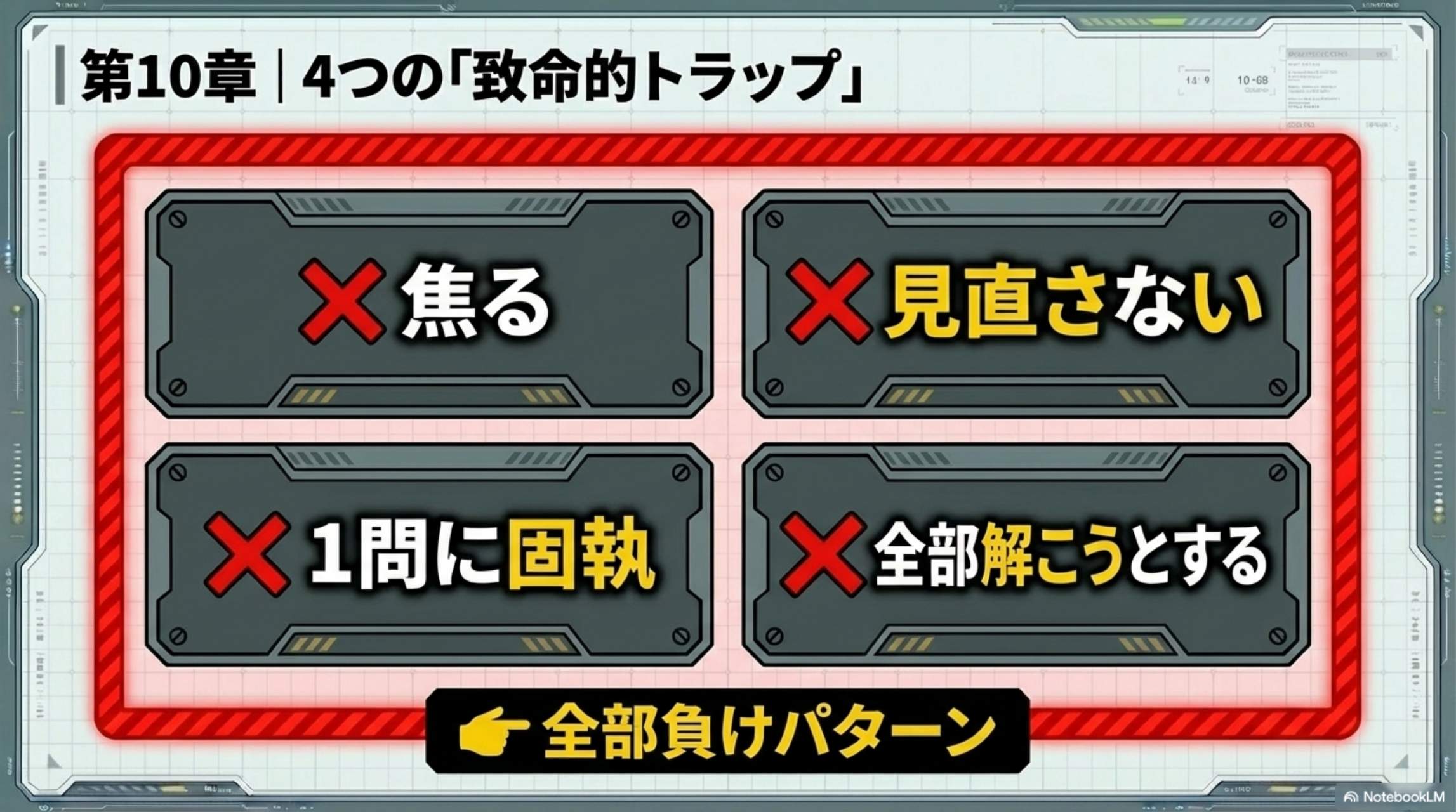 第10章 4つの「致命的トラップ」：×焦る・×見直さない・×1問に固執・×全部解こうとする → 全部負けパターン