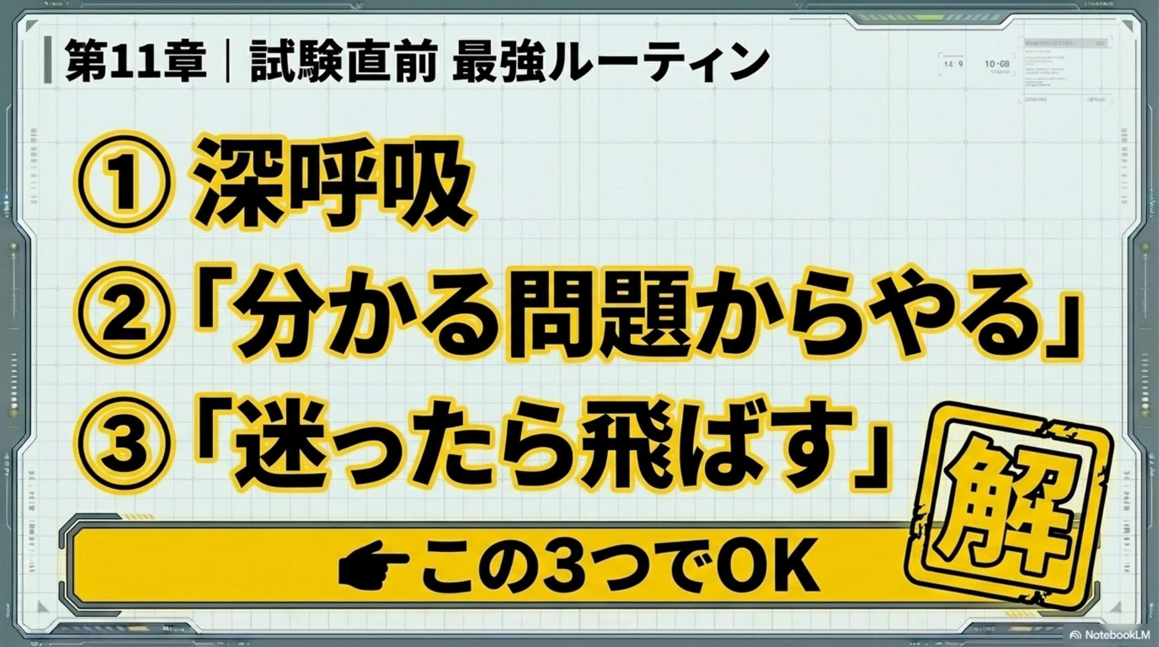 第11章 試験直前 最強ルーティン：①深呼吸 ②「分かる問題からやる」 ③「迷ったら飛ばす」 → この3つでOK