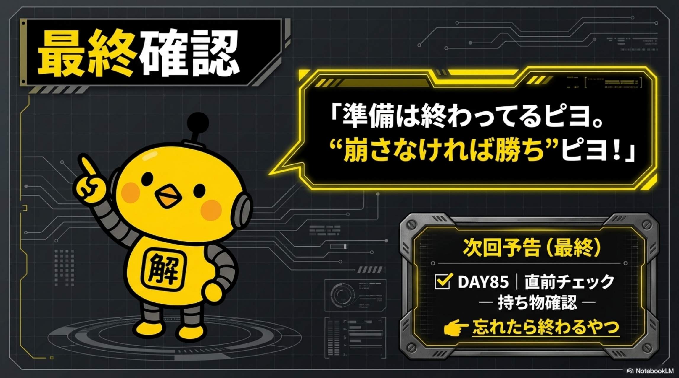 最終確認：準備は終わってるピヨ。崩さなければ勝ちピヨ！/ 次回予告（最終）DAY85 直前チェック ― 持ち物確認 ― 忘れたら終わるやつ