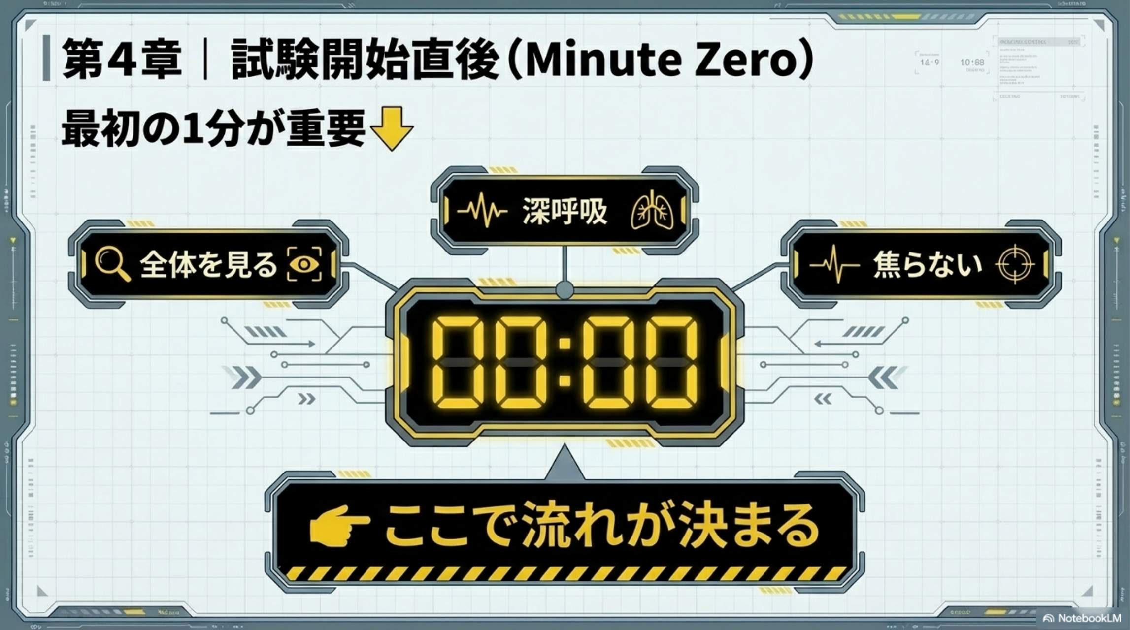 第4章 試験開始直後（Minute Zero）最初の1分が重要。全体を見る・深呼吸・焦らない → ここで流れが決まる