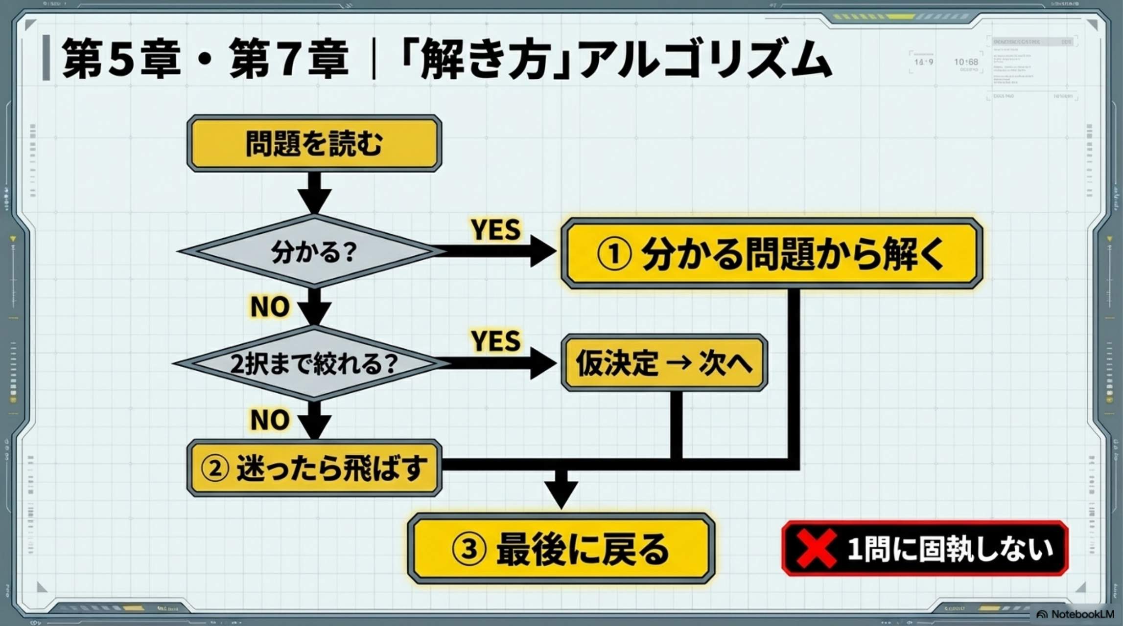 第5章・第7章 「解き方」アルゴリズム：問題を読む → 分かる？YES→分かる問題から解く / NO → 2択まで絞れる？YES→仮決定→次へ / NO→迷ったら飛ばす → 最後に戻る。1問に固執しない。