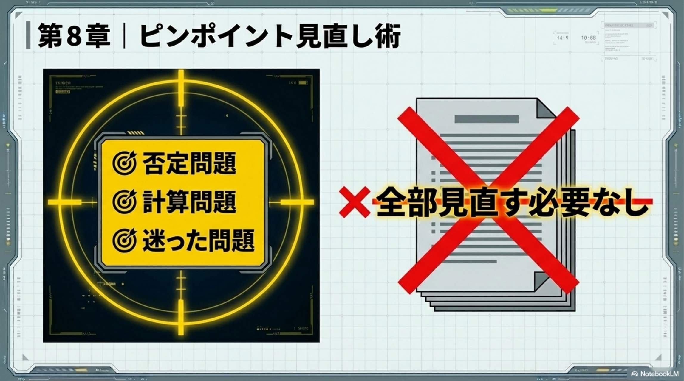 第8章 ピンポイント見直し術：否定問題・計算問題・迷った問題を集中確認。全部見直す必要なし。