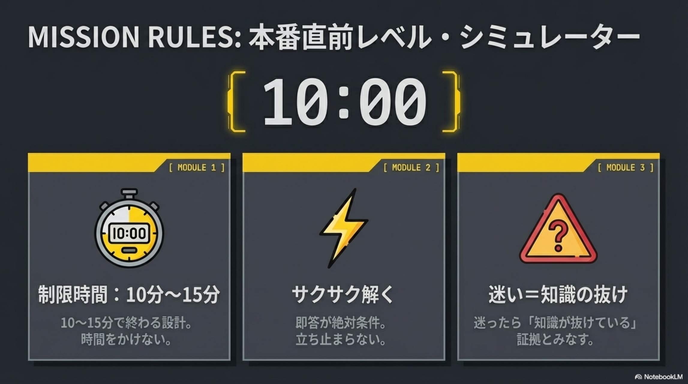 MISSION RULES: 本番直前レベル・シミュレーター 10:00 / MODULE1: 制限時間10〜15分 / MODULE2: サクサク解く（即答が絶対条件）/ MODULE3: 迷い＝知識の抜け（迷ったら知識が抜けている証拠）