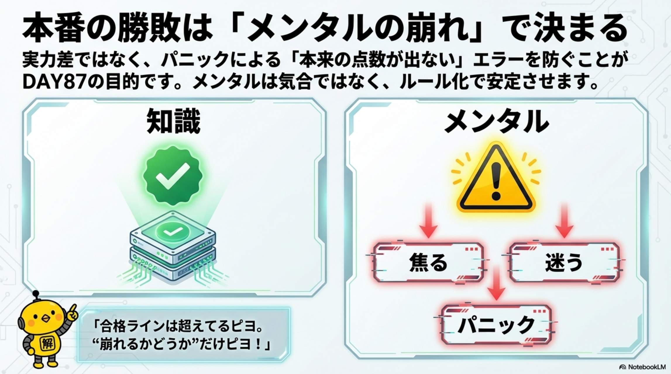 はじめに：実力差よりメンタル差で落ちる。焦る・迷う・パニック → これで本来の点数が出ない。合格ラインは超えてるピヨ。崩れるかどうかだけピヨ！