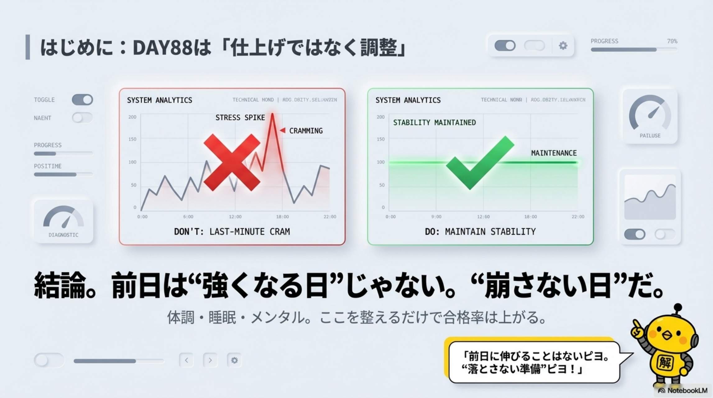 はじめに：DAY88は「仕上げではなく調整」。結論。前日は強くなる日じゃない・崩さない日。体調・睡眠・メンタルを整えるだけで合格率が上がる。前日に伸びることはないピヨ。落とさない準備ピヨ！