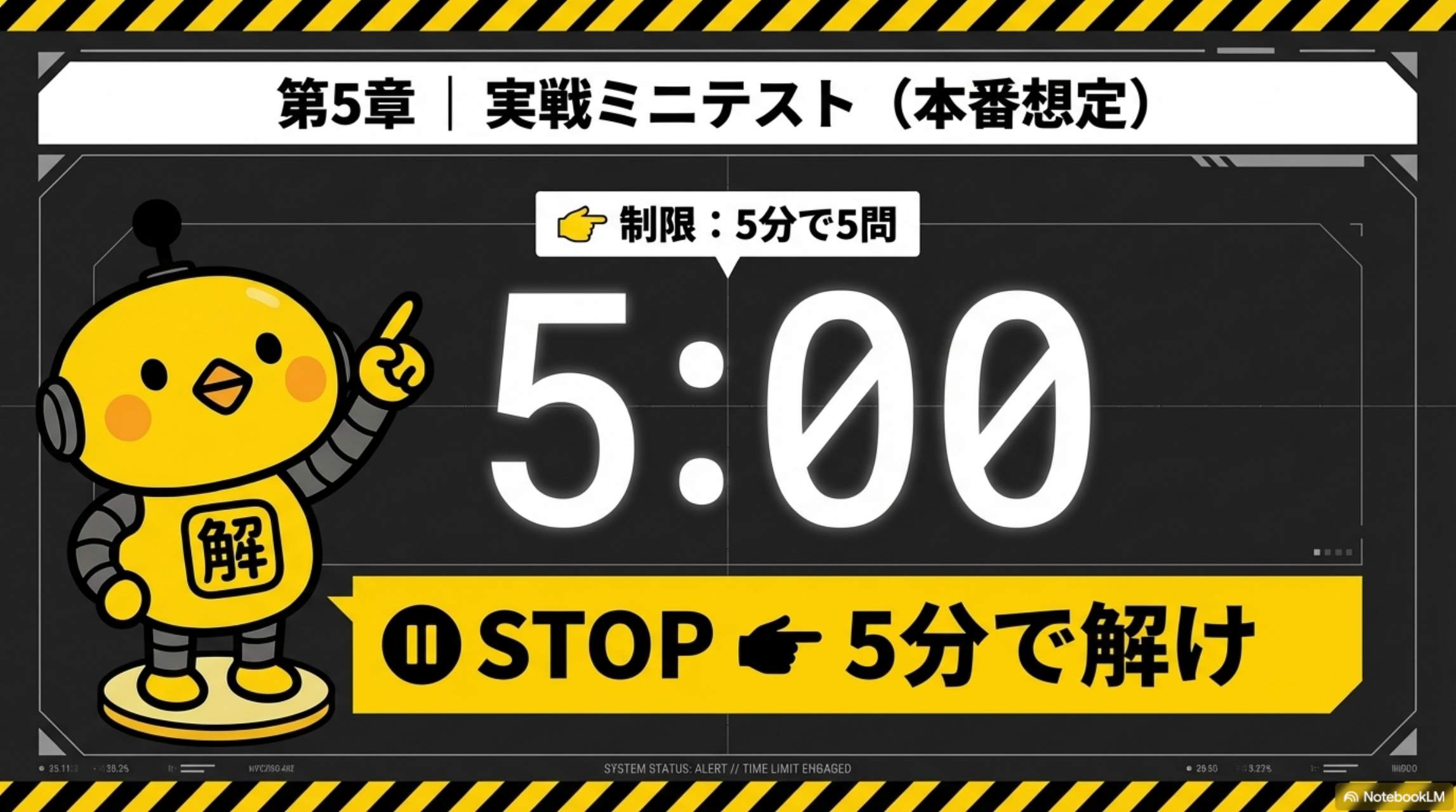 第5章 実戦ミニテスト（本番想定）制限：5分で5問。5:00 STOP←5分で解け