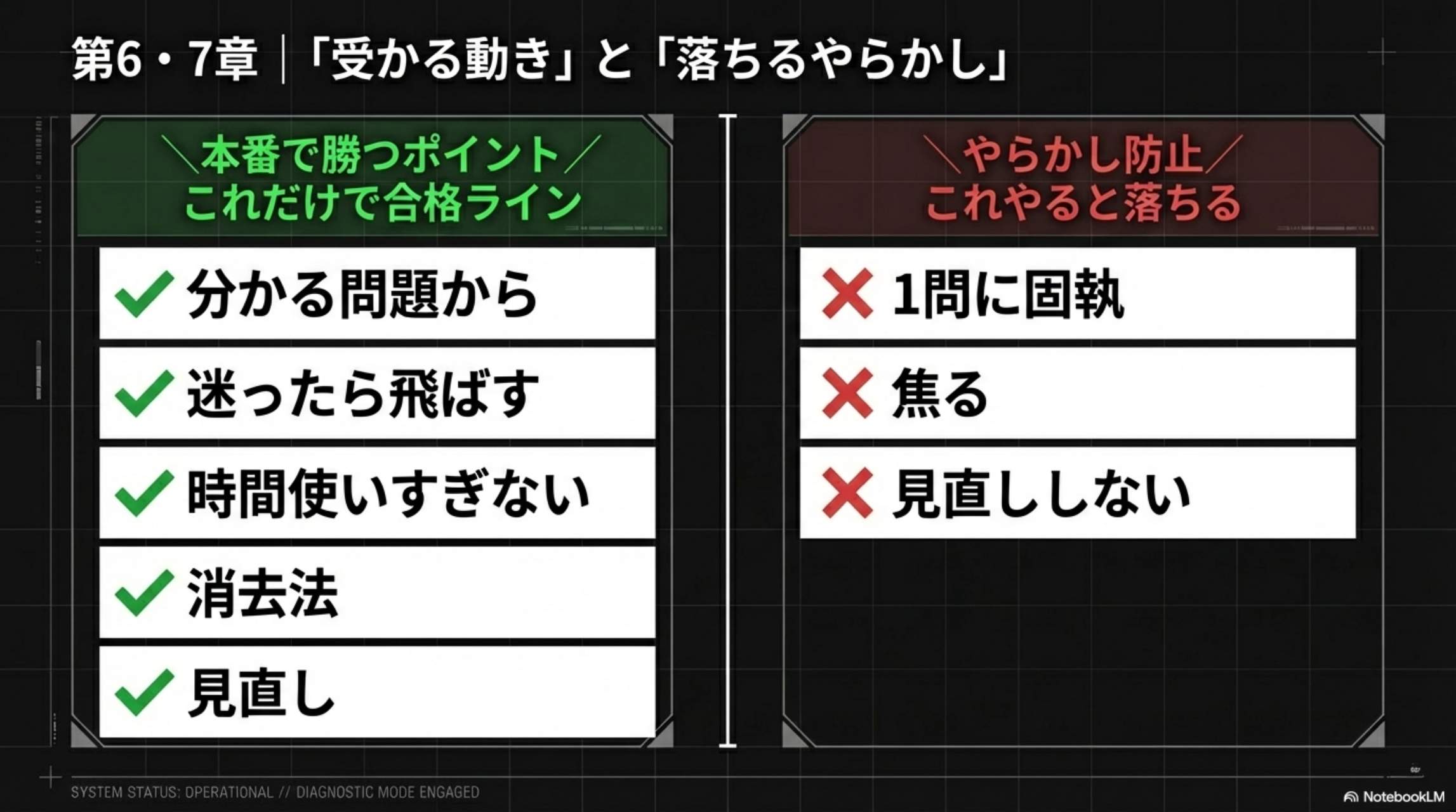 第6・7章「受かる動き」と「落ちるやらかし」：本番で勝つポイント：分かる問題から・迷ったら飛ばす・時間使いすぎない・消去法・見直し。やらかし防止：1問に固執・焦る・見直ししない。