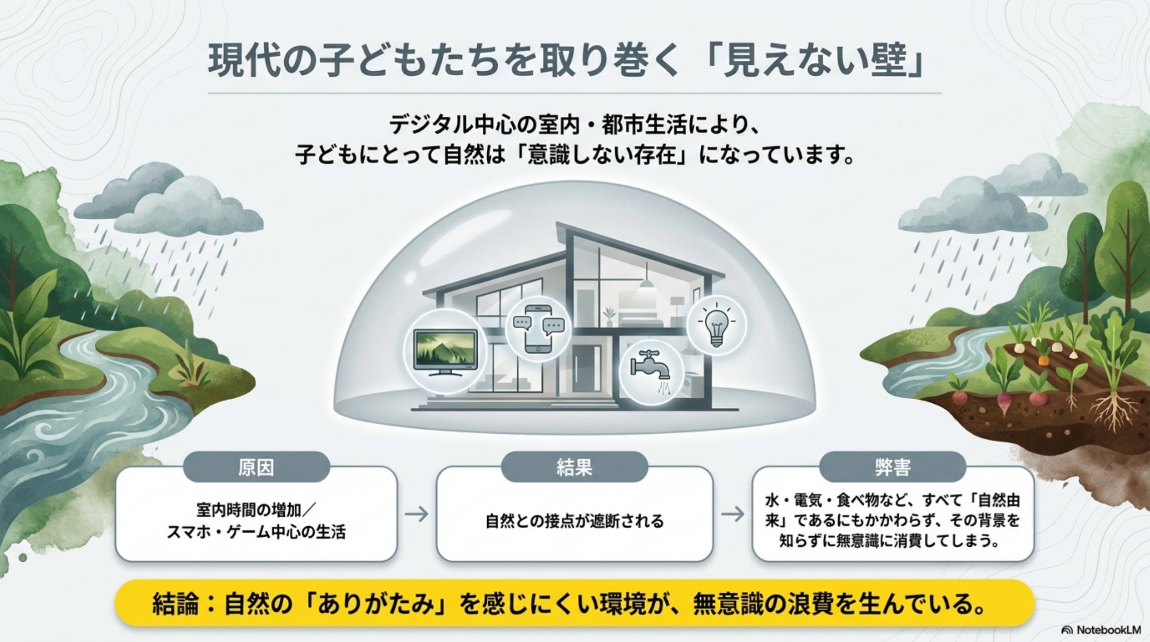 現代の子どもたちを取り巻く「見えない壁」。デジタル中心の室内・都市生活により、子どもにとって自然は「意識しない存在」になっています。原因：室内時間の増加／スマホ・ゲーム中心の生活→結果：自然との接点が遮断される→弊害：水・電気・食べ物など、すべて「自然由来」であるにもかかわらず、その背景を知らずに無意識に消費してしまう。結論：自然の「ありがたみ」を感じにくい環境が、無意識の浪費を生んでいる。
