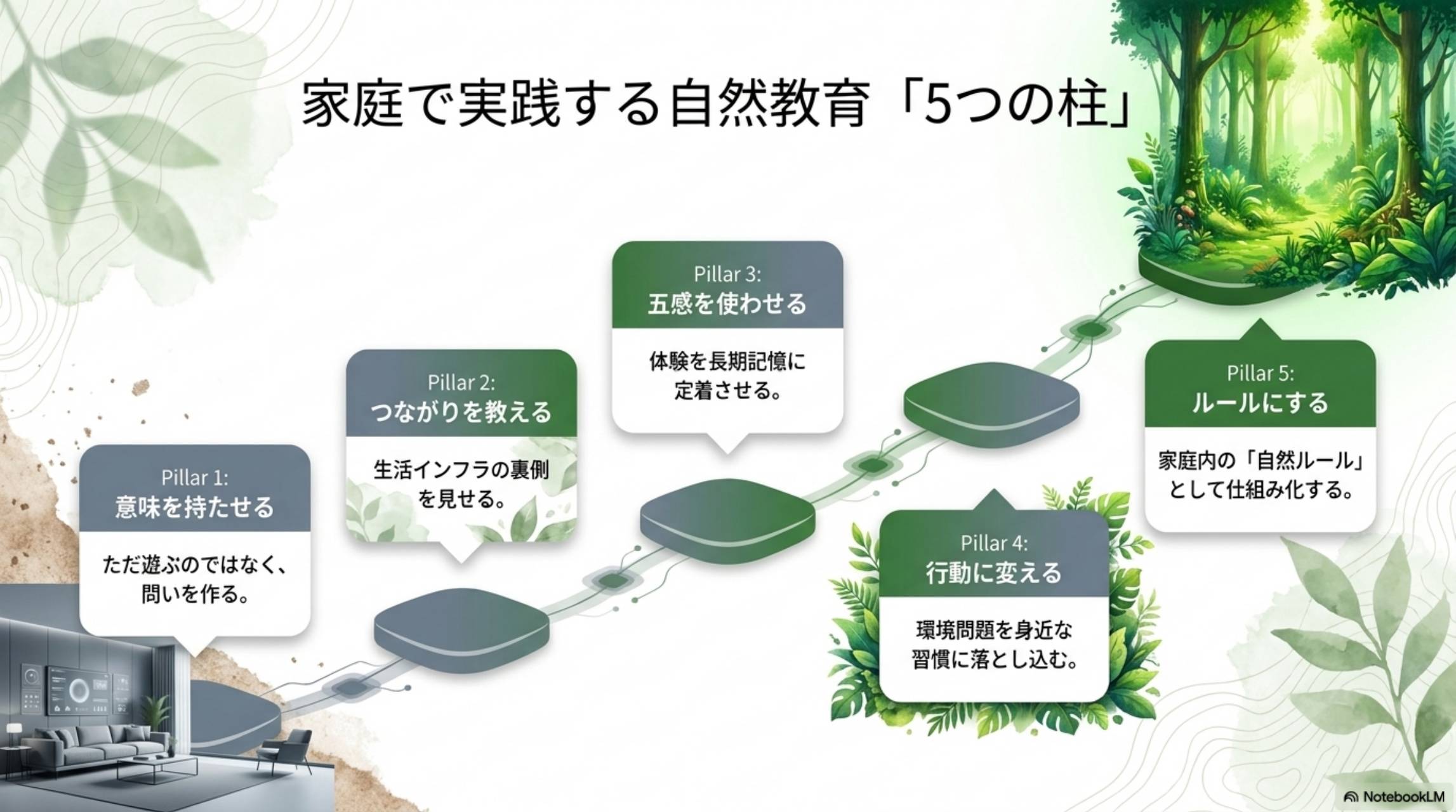 家庭で実践する自然教育「5つの柱」。Pillar1：意味を持たせる（ただ遊ぶのではなく、問いを作る）→Pillar2：つながりを教える（生活インフラの裏側を見せる）→Pillar3：五感を使わせる（体験を長期記憶に定着させる）→Pillar4：行動に変える（環境問題を身近な習慣に落とし込む）→Pillar5：ルールにする（家庭内の「自然ルール」として仕組み化する）