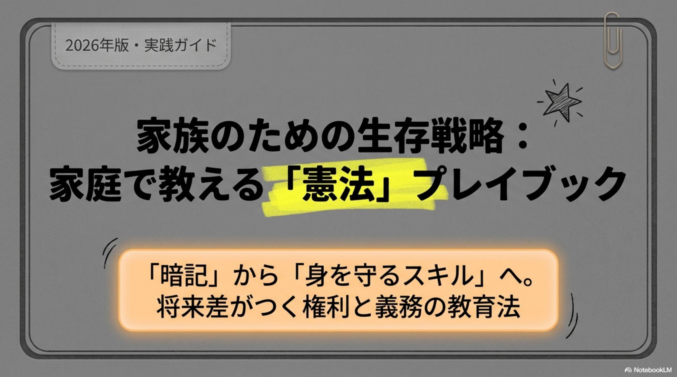 家族のための生存戦略：家庭で教える「憲法」プレイブック｜2026年版実践ガイド｜「暗記」から「身を守るスキル」へ。将来差がつく権利と義務の教育法