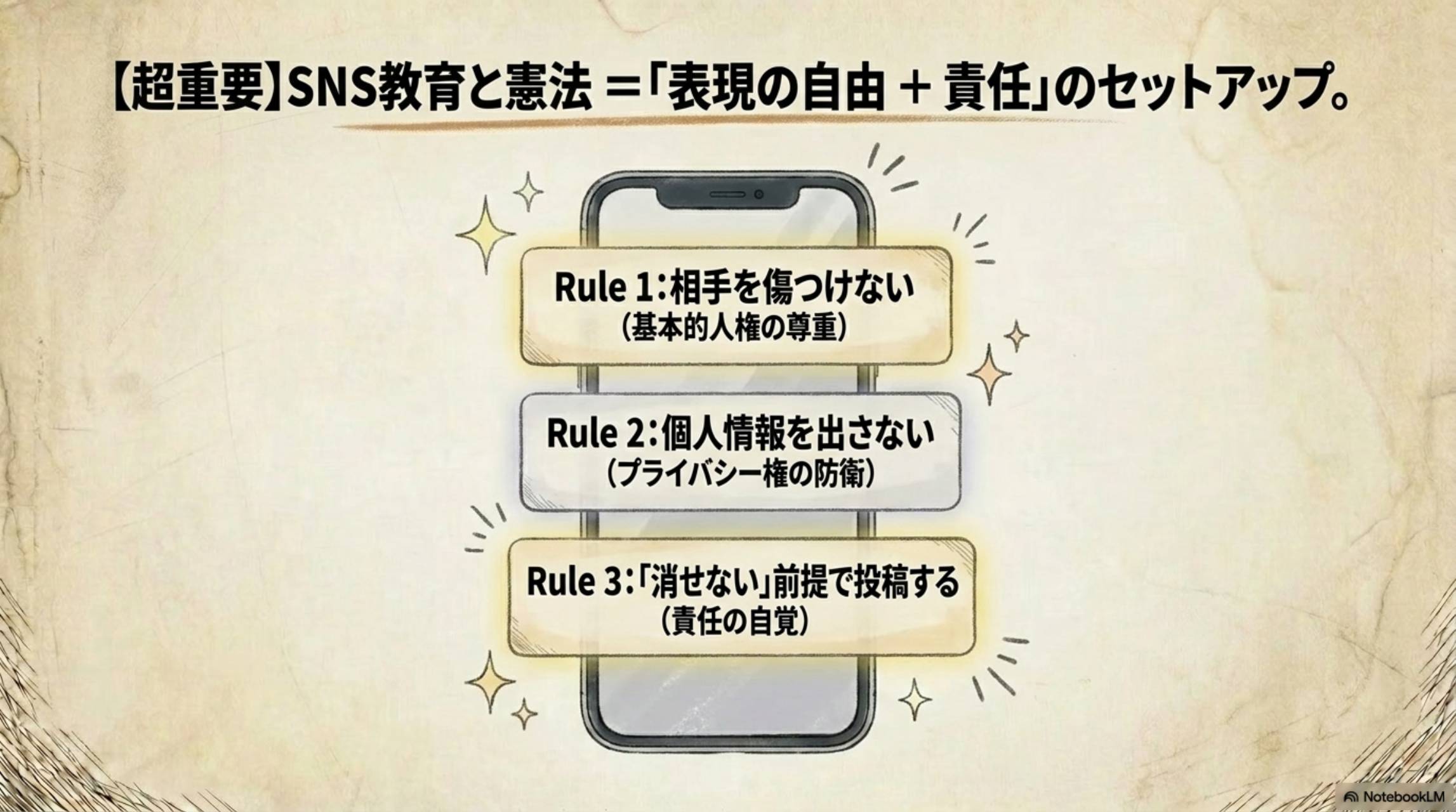 SNS教育と憲法＝「表現の自由＋責任」のセットアップ。Rule1:相手を傷つけない（基本的人権の尊重）Rule2:個人情報を出さない（プライバシー権の防衛）Rule3:「消せない」前提で投稿する（責任の自覚）