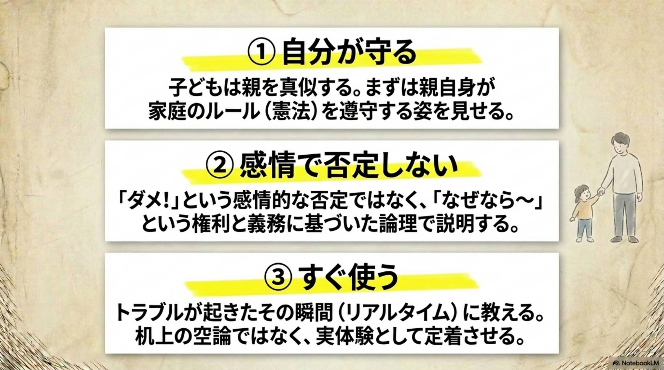 親がやるべき3つ：①自分が守る（子どもは親を真似する。まずは親自身が家庭のルール（憲法）を遵守する姿を見せる）②感情で否定しない（「ダメ！」ではなく「なぜなら〜」という権利と義務に基づいた論理で説明）③すぐ使う（トラブルが起きたその瞬間（リアルタイム）に教える。机上の空論ではなく、実体験として定着させる）