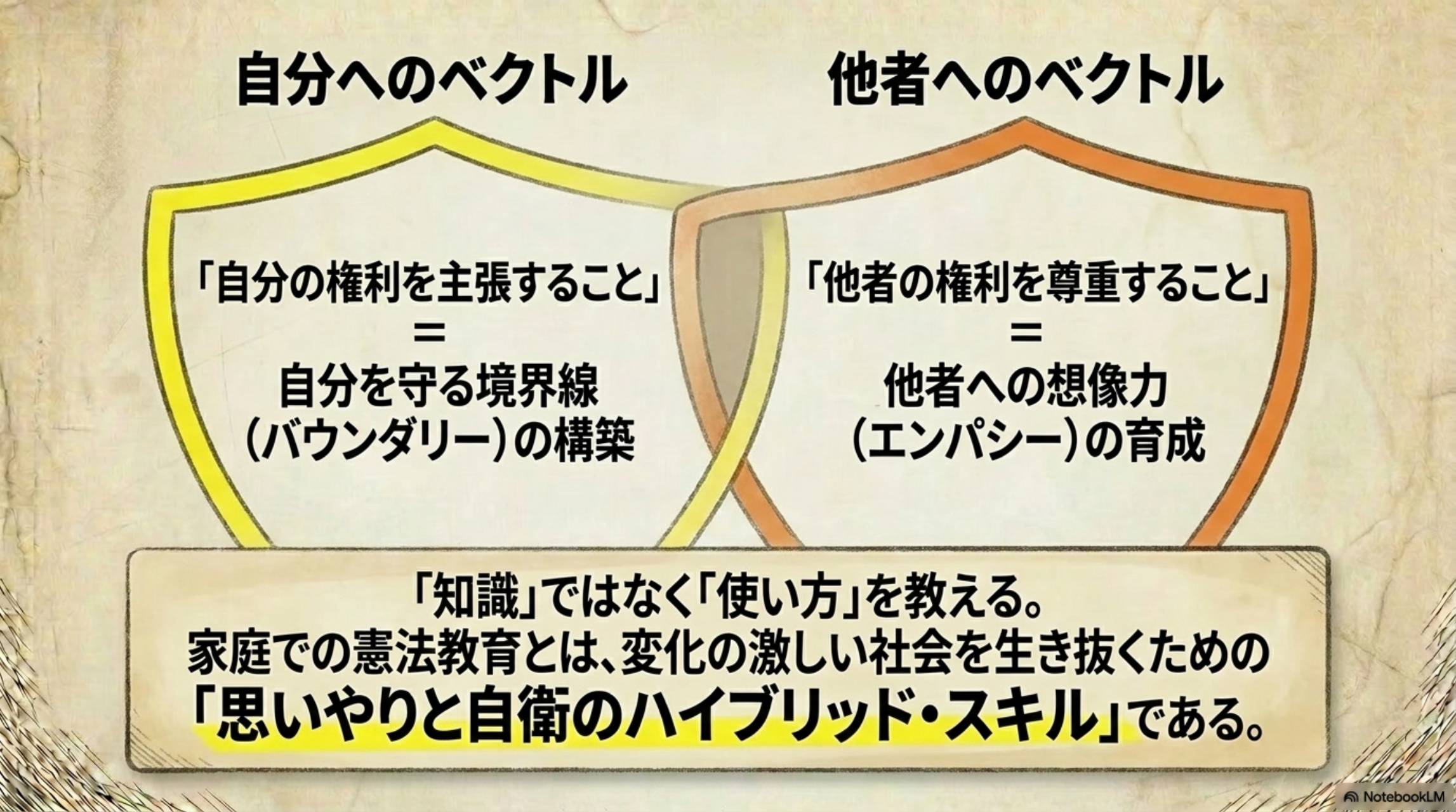 自分へのベクトル（自分の権利を主張すること＝自分を守る境界線（バウンダリー）の構築）と他者へのベクトル（他者の権利を尊重すること＝他者への想像力（エンパシー）の育成）。「知識」ではなく「使い方」を教える。家庭での憲法教育とは、変化の激しい社会を生き抜くための「思いやりと自衛のハイブリッド・スキル」である。