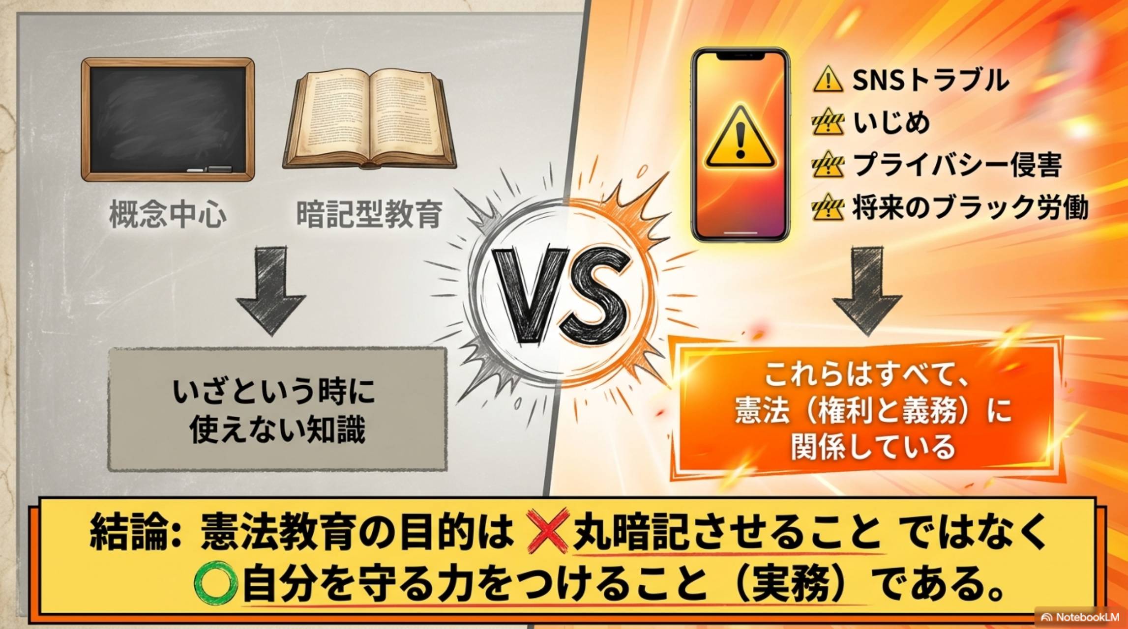 憲法教育の目的：概念中心・暗記型教育 vs SNSトラブル・いじめ・プライバシー侵害・ブラック労働はすべて憲法（権利と義務）に関係している。結論：憲法教育の目的は丸暗記させることではなく、自分を守る力をつけること（実務）である