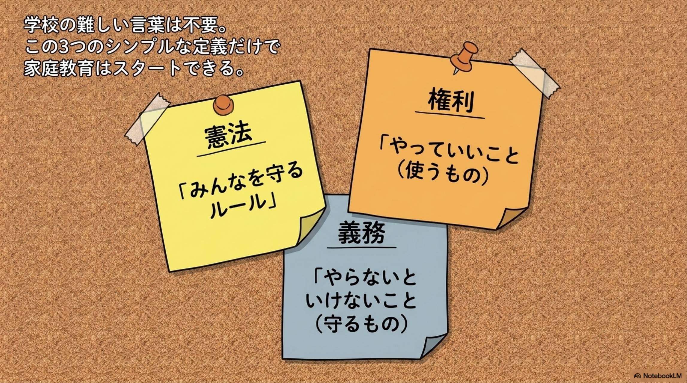 学校の難しい言葉は不要。この3つのシンプルな定義だけで家庭教育はスタートできる。憲法＝みんなを守るルール、権利＝やっていいこと（使うもの）、義務＝やらないといけないこと（守るもの）
