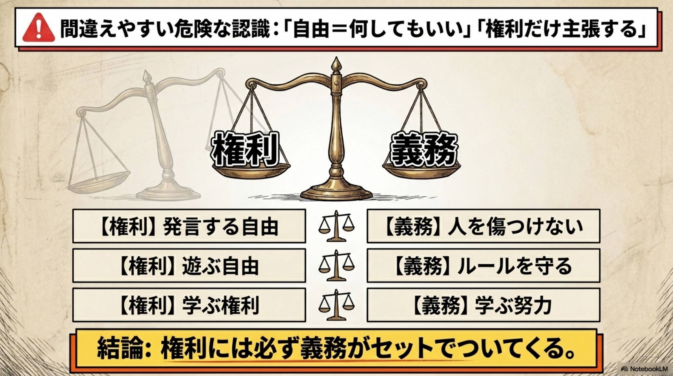 間違えやすい危険な認識：「自由＝何してもいい」「権利だけ主張する」。権利には必ず義務がセットでついてくる
