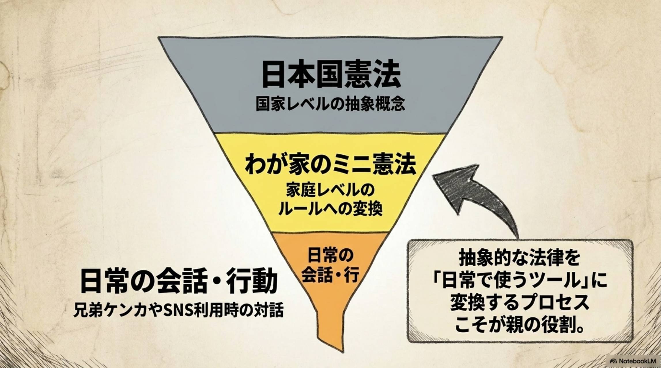 日本国憲法（国家レベルの抽象概念）→わが家のミニ憲法（家庭レベルのルールへの変換）→日常の会話・行動（兄弟ケンカやSNS利用時の対話）。抽象的な法律を「日常で使うツール」に変換するプロセスこそが親の役割。
