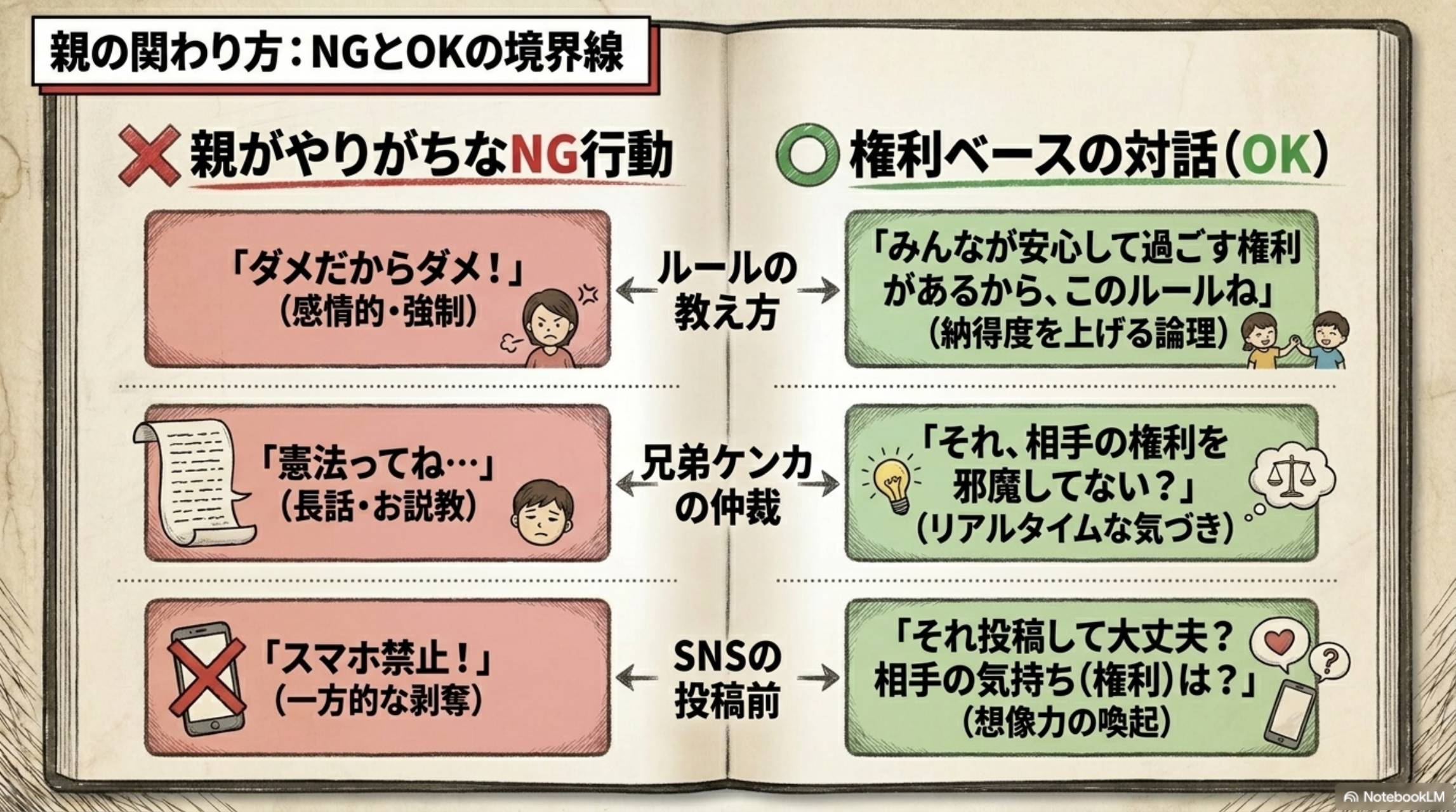 親の関わり方：NGとOKの境界線。親がやりがちなNG行動（ダメだからダメ・長話・スマホ禁止）vs 権利ベースの対話OK（みんなが安心して過ごす権利・相手の権利を邪魔してない？・投稿して大丈夫？）
