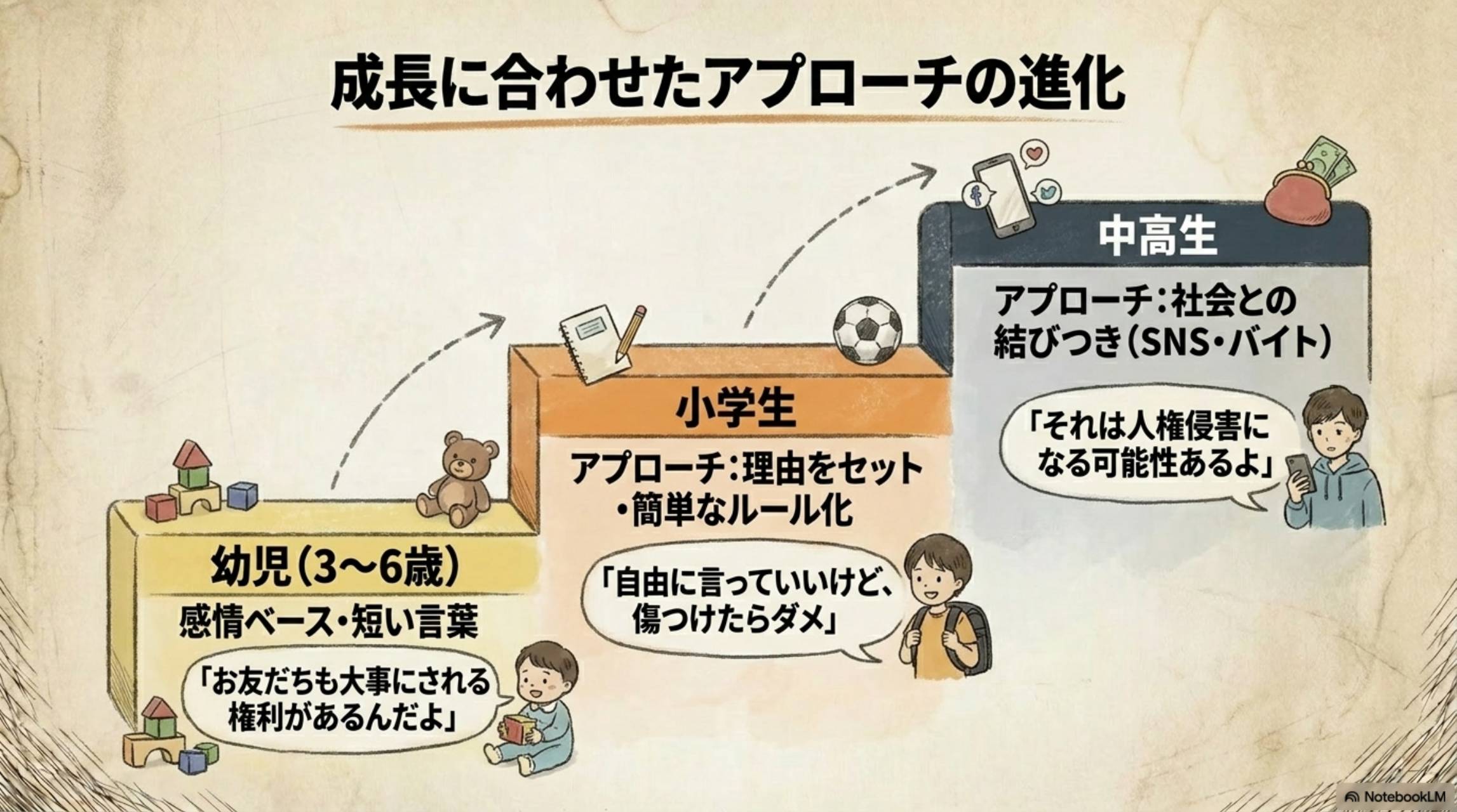 成長に合わせたアプローチの進化：幼児（3〜6歳）感情ベース・短い言葉「お友だちも大事にされる権利があるんだよ」→小学生 理由をセット・簡単なルール化「自由に言っていいけど、傷つけたらダメ」→中高生 社会との結びつき（SNS・バイト）「それは人権侵害になる可能性あるよ」