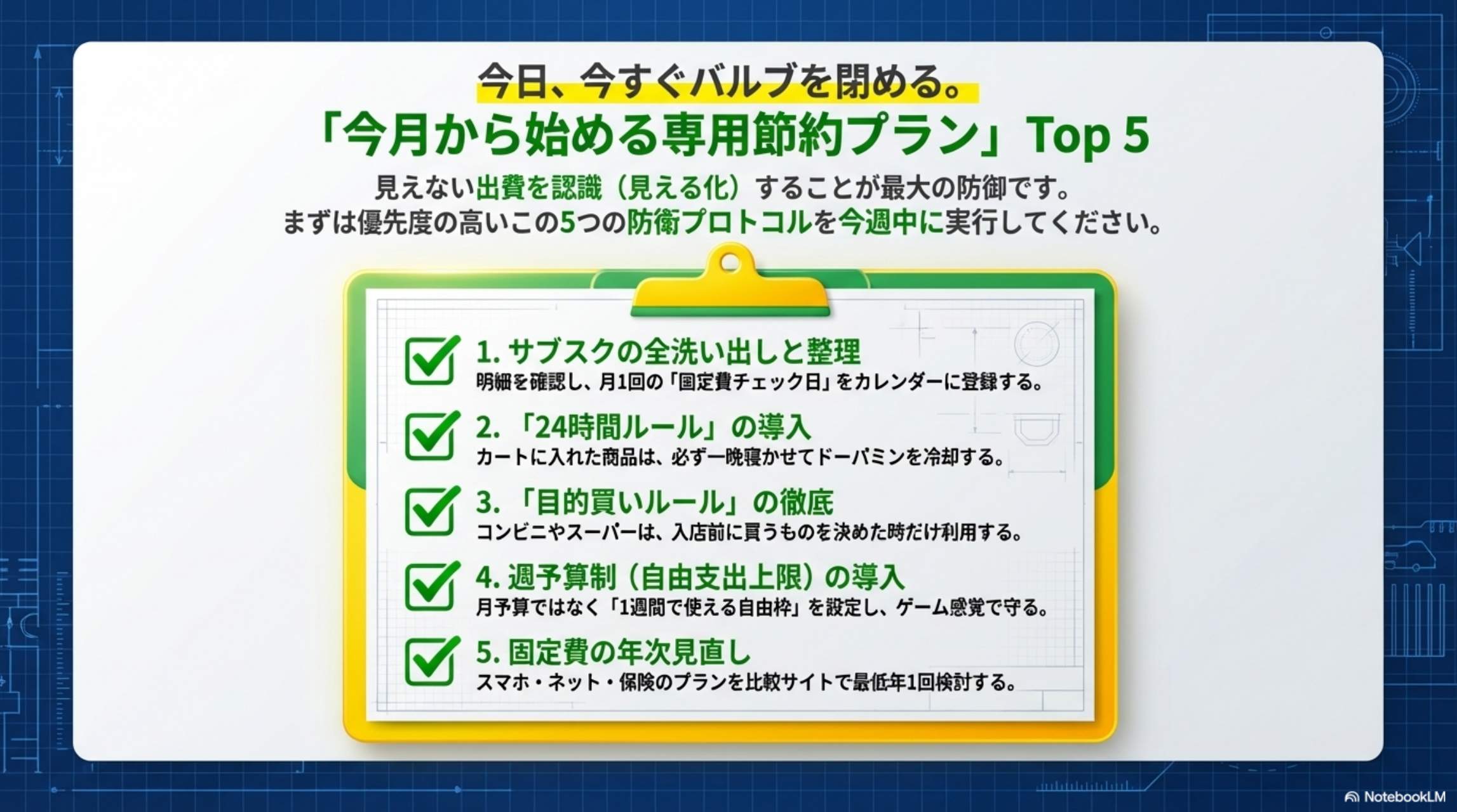 今日、今すぐバルブを閉める。「今月から始める専用節約プラン」Top 5 まずは優先度の高い5つの防衛プロトコルを今週中に実行
