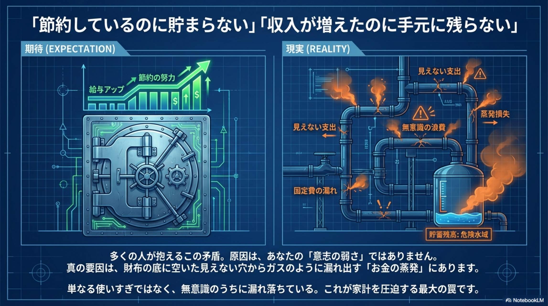 「節約しているのに貯まらない」「収入が増えたのに手元に残らない」期待と現実の比較図